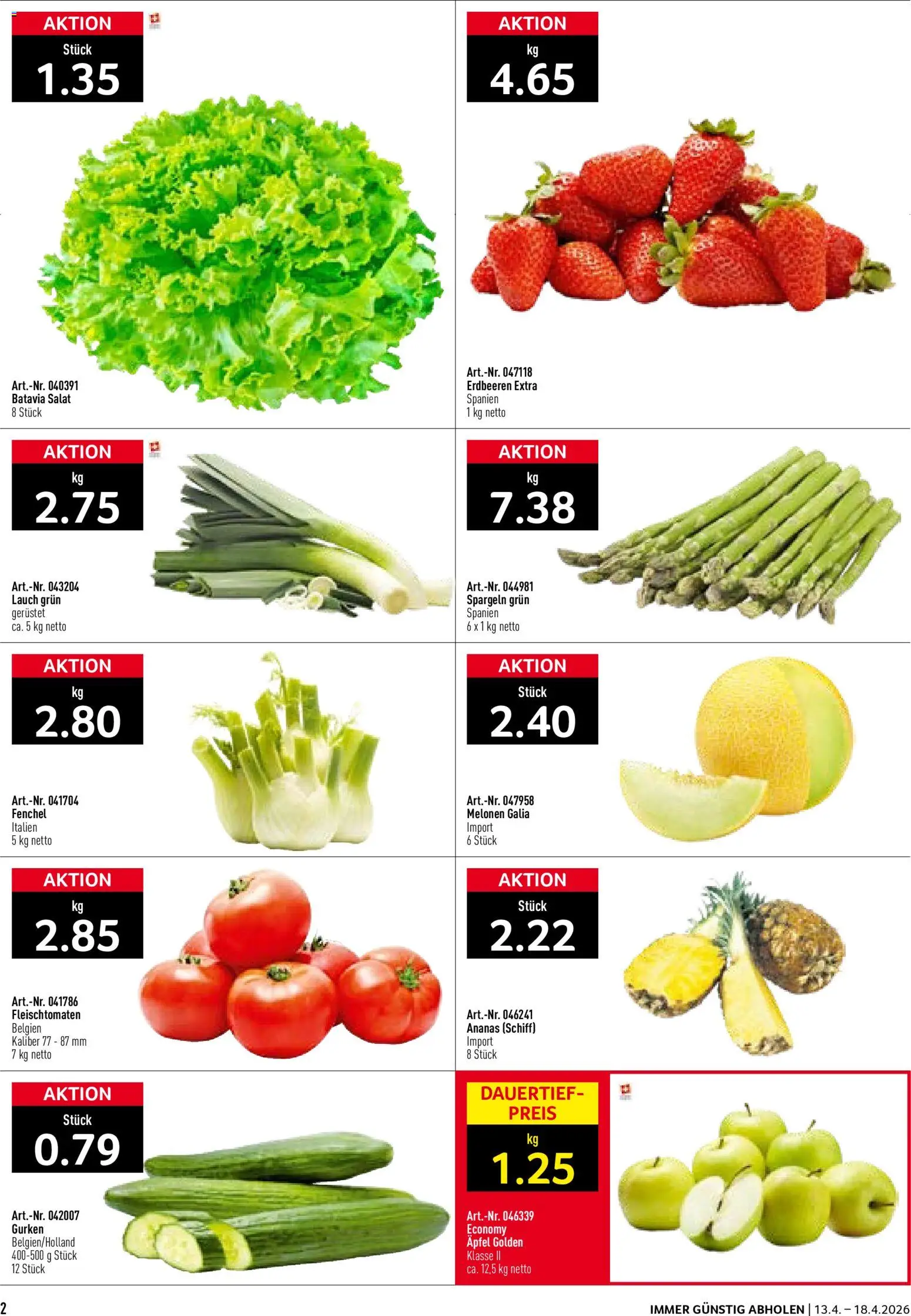 Prodega aktionen – gültig ab 13.04.2026 | Seite: 2 | Produkte: Äpfel, Erdbeeren, Gurken, Salat