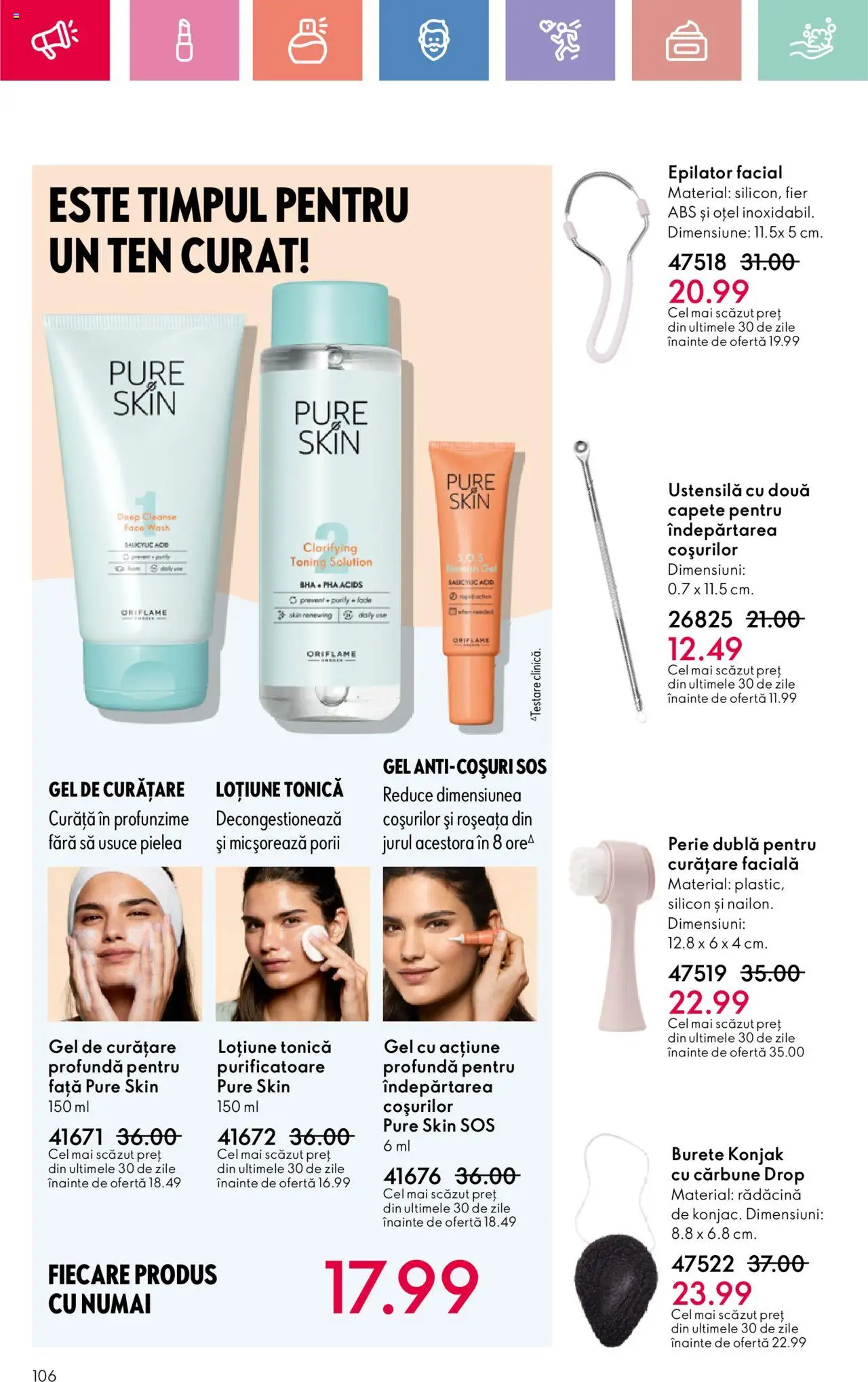 Oriflame catalog 10 2025 – valabil de la 06.07.2025 | Pagină: 106 | Produse: Loțiune tonică, Epilator, Burete, Sos