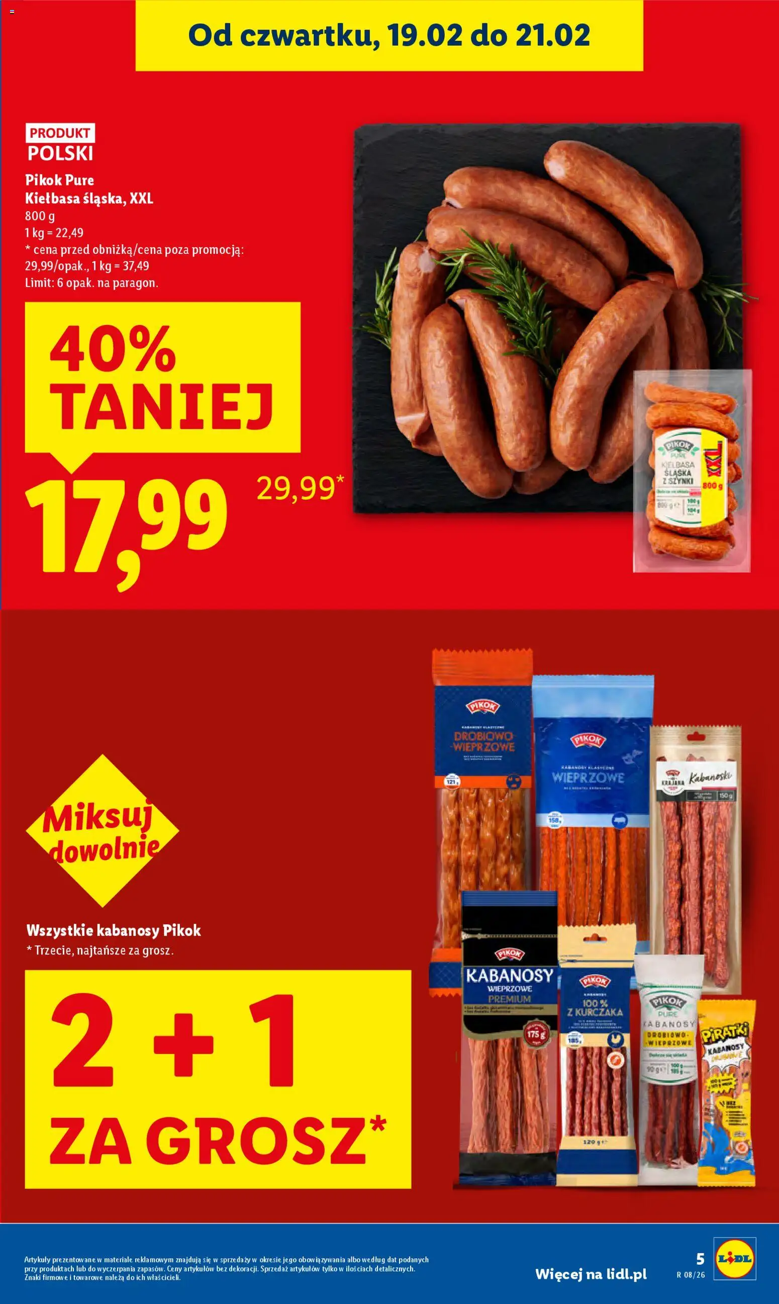 Lidl Gazetka od 19.02.2026 | Strona: 5 | Produkty: Kiełbasa, Kabanosy, Kiełbasa śląska