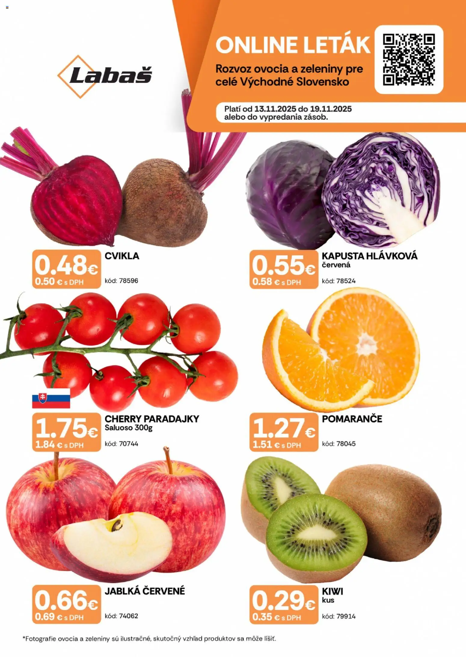 Nové Labaš akcie – leták je platný od 13.11.2025 | Strana: 1 | Produkty: Jablká, Pomaranče, Kiwi, Cherry paradajky