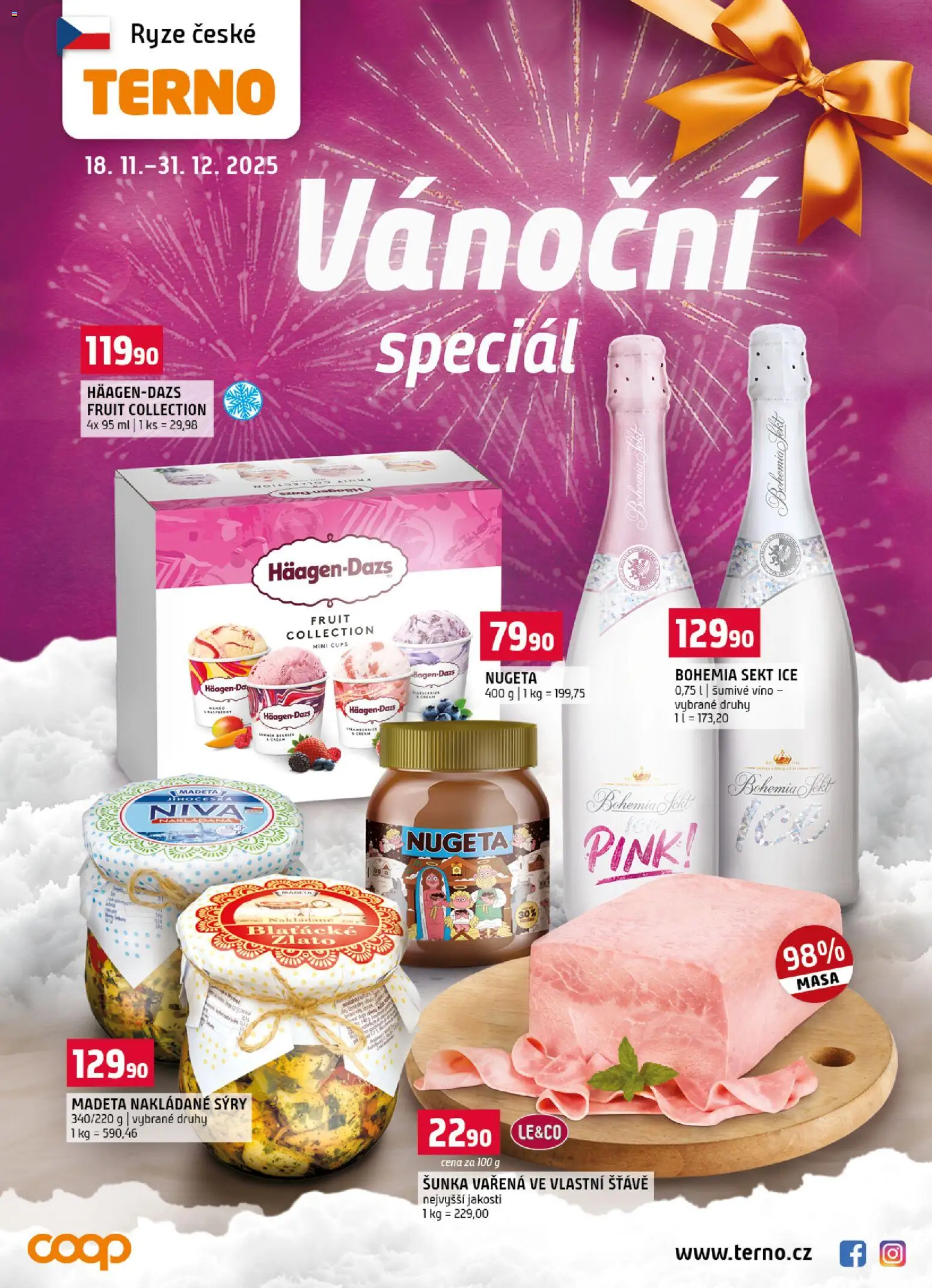 Terno leták - Vánoční speciál od 18.11.2025 | Strana: 1 | Produkty: Mango, Sekt, Sýry, Bohemia Sekt Ice