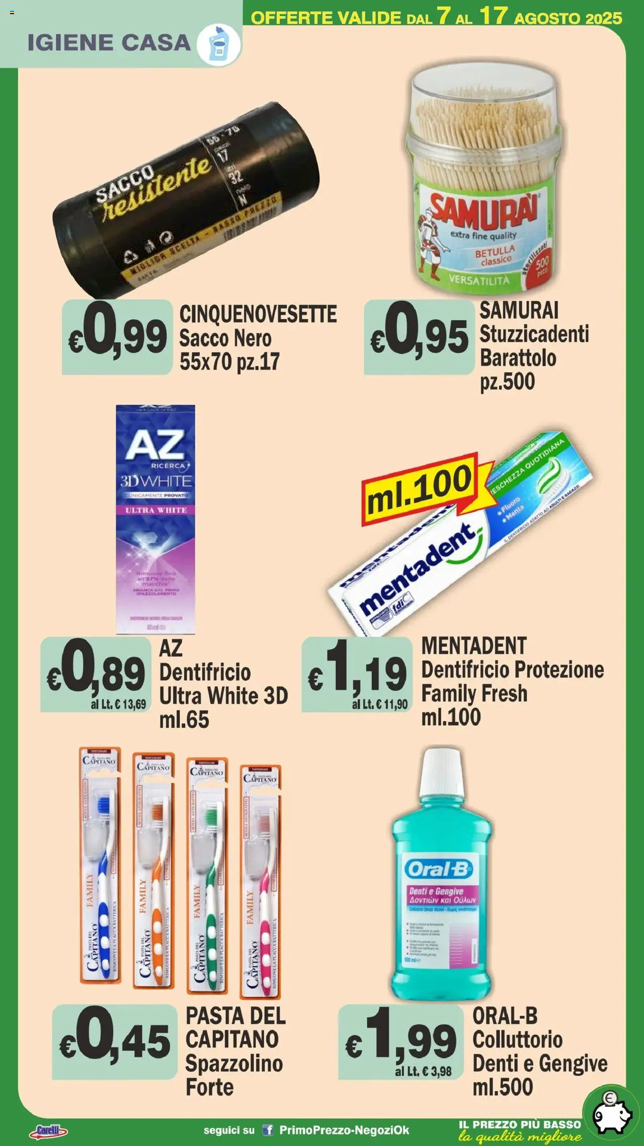 Volantino Primo Prezzo del 07.08.2025 | Pagina: 23 | Prodotti: Dentifricio, Spazzolino, Collutorio, Menta