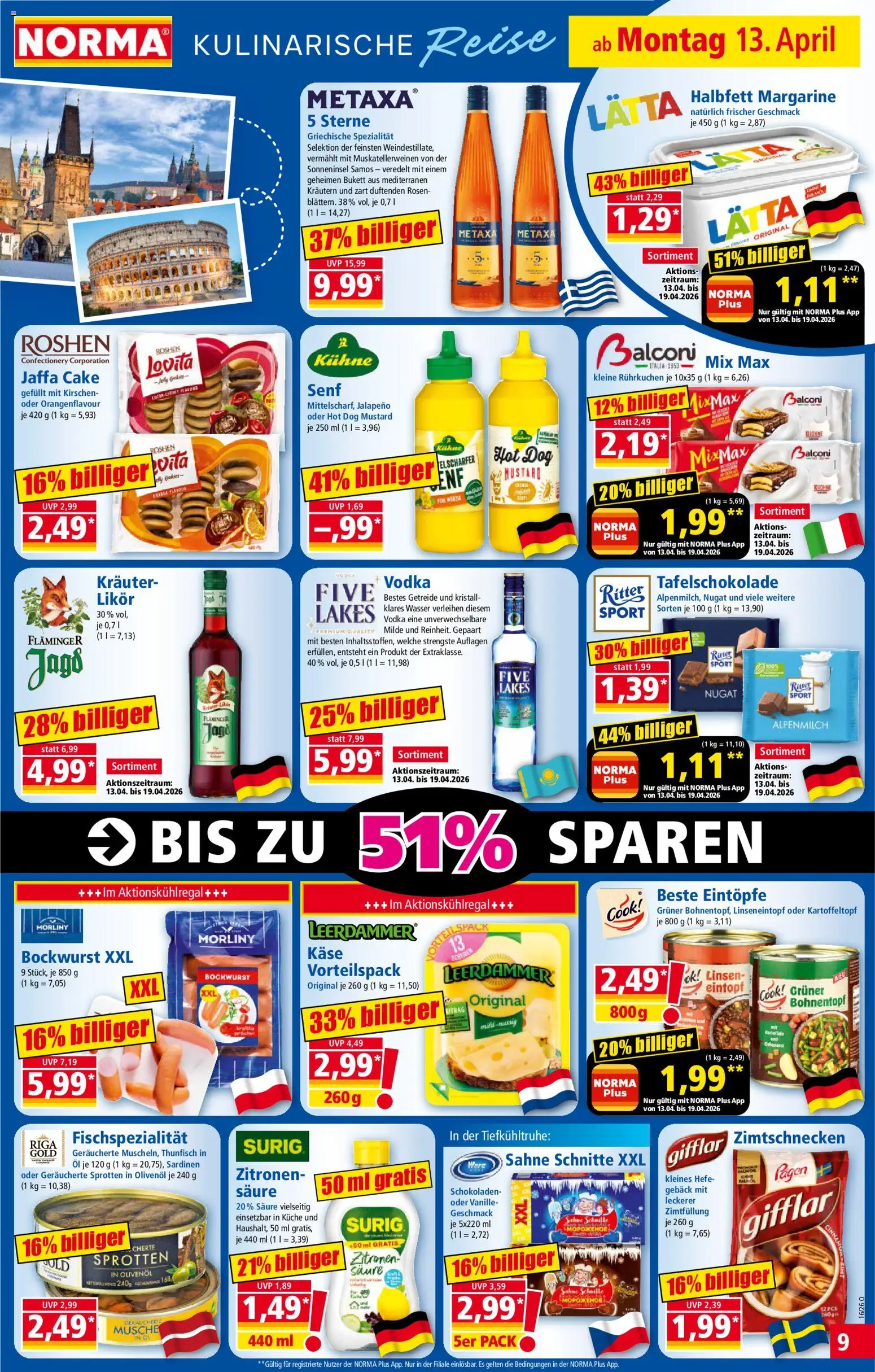 Norma Prospekt 	 – gültig ab 13.04.2026 | Seite: 9 | Produkte: Ritter sport, Wasser, Lätta, Vodka