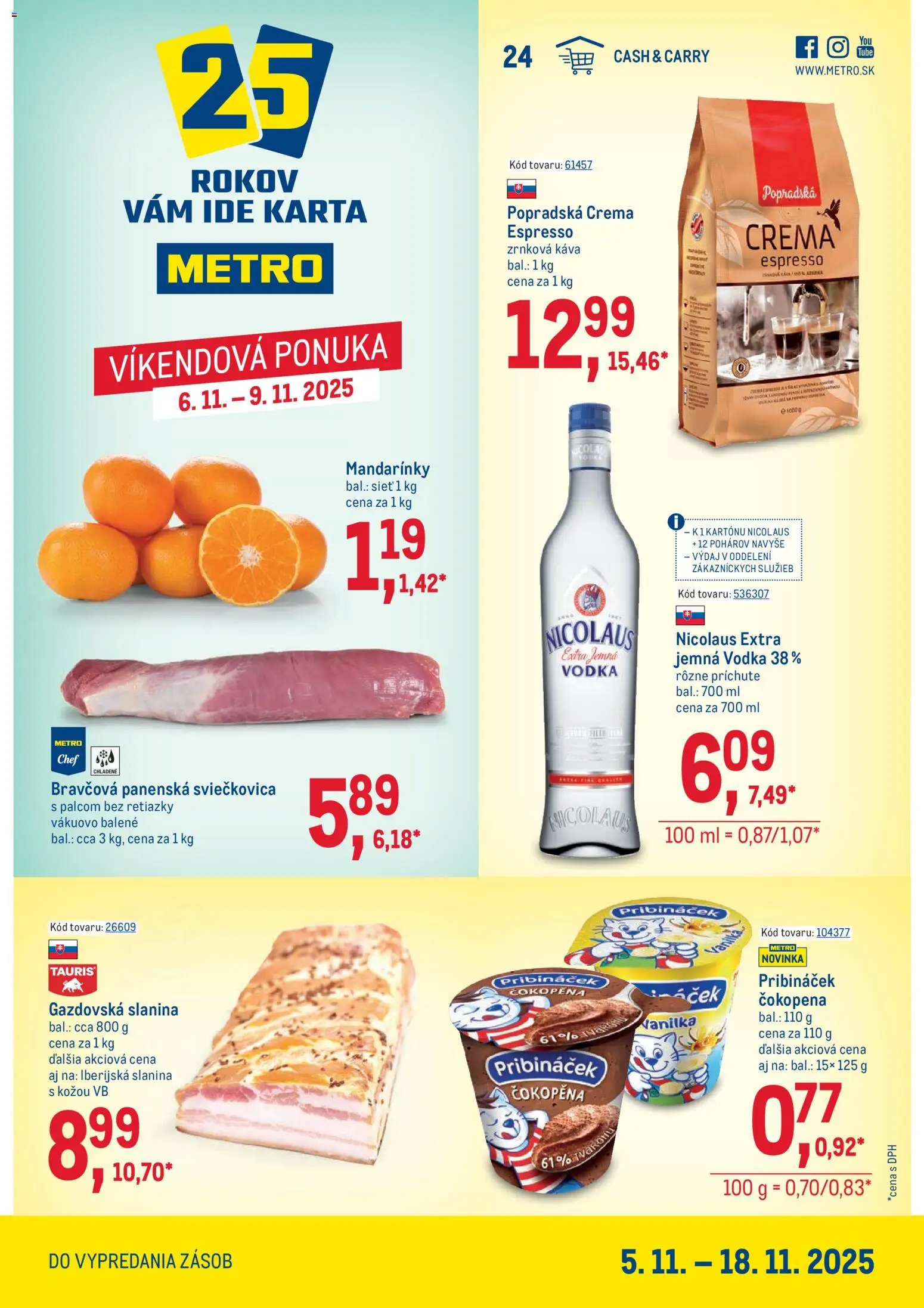 Nové Metro akcie – leták je platný od 05.11.2025 | Strana: 1 | Produkty: Káva, Mandarinky, Vodka, Zrnková káva