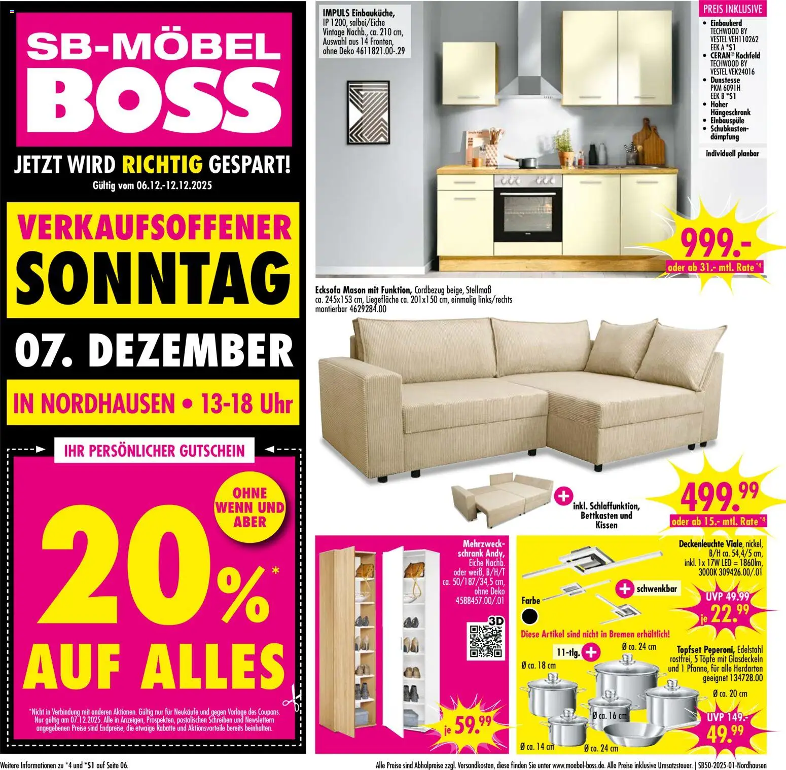 SB Möbel Boss Prospekt Nordhausen	 – gültig ab 06.12.2025 | Seite: 1 | Produkte: Ecksofa, Schrank, Hängeschrank, Uhr