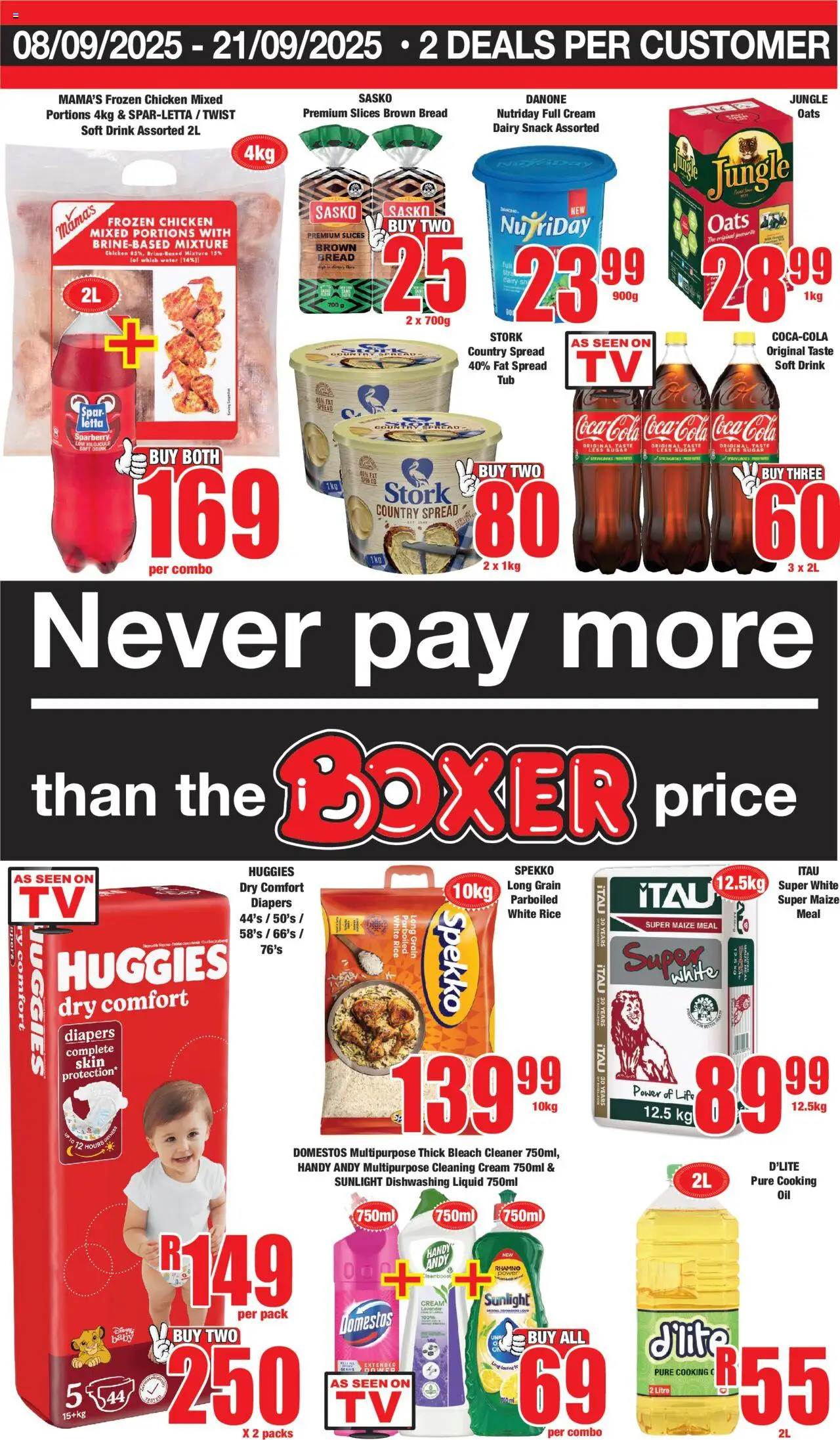 New Boxer catalogue – valid from 08.09.2025 | Page: 1 | Products: Maize meal, Bread, Chicken, Rice