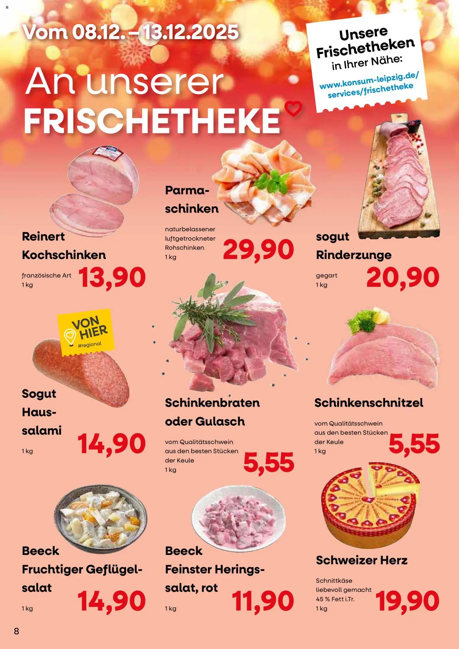 KONSUM Leipzig Kunden-journal – gültig ab 08.12.2025 | Seite: 8 | Produkte: Gulasch, Salami, Schinken, Salat