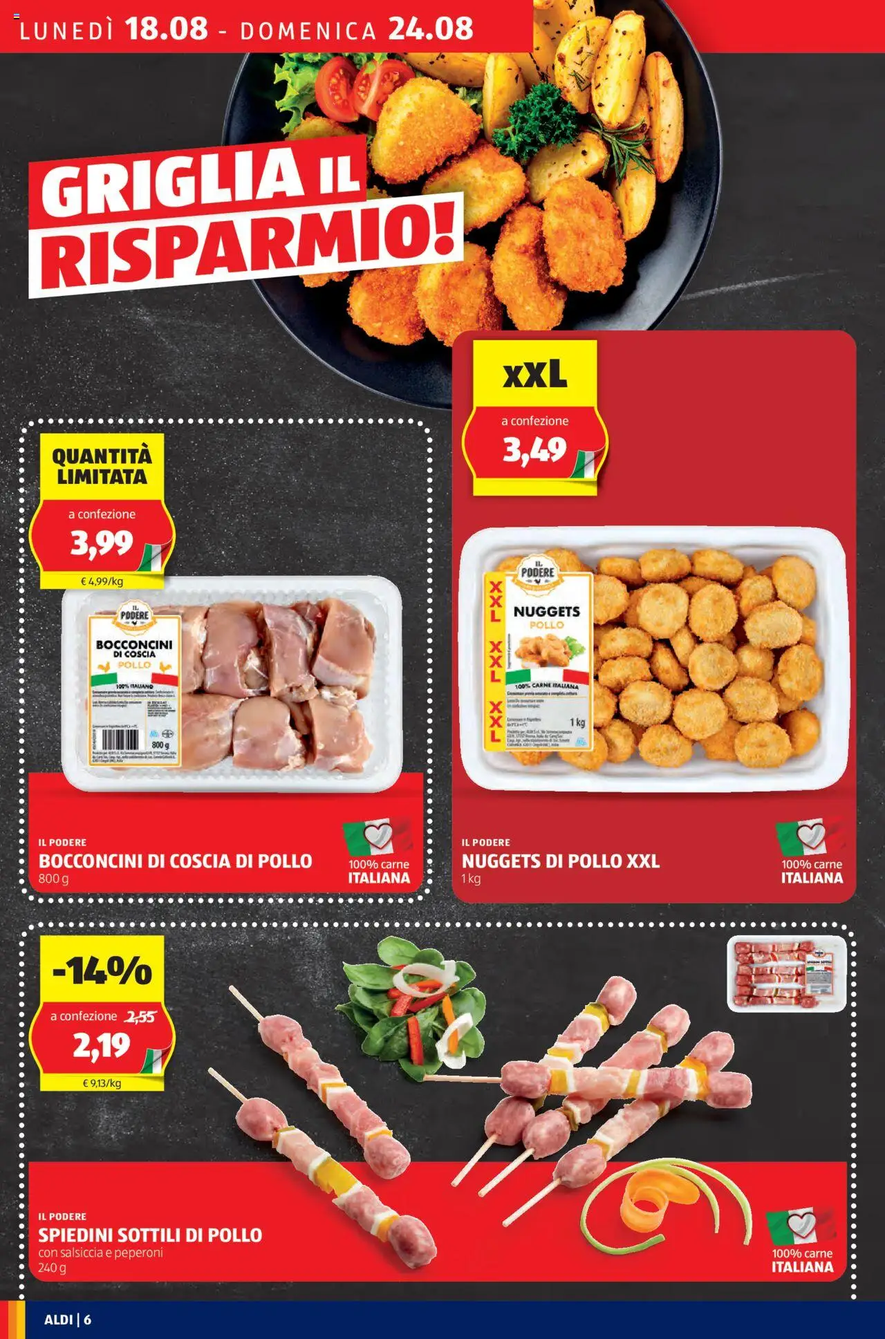 Volantino Aldi del 18.08.2025 | Pagina: 6 | Prodotti: Pollo, Peperoni, Salsiccia, Griglia