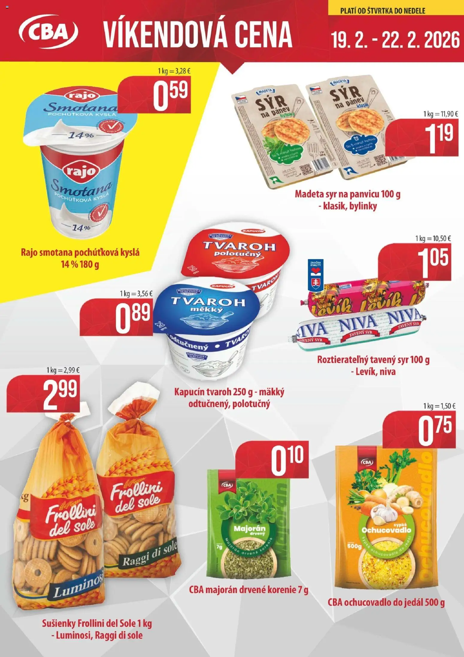 Nové KARMEN CBA akcie – leták je platný od 19.02.2026 | Strana: 1 | Produkty: Syr, Smotana, Tvaroh, Majorán