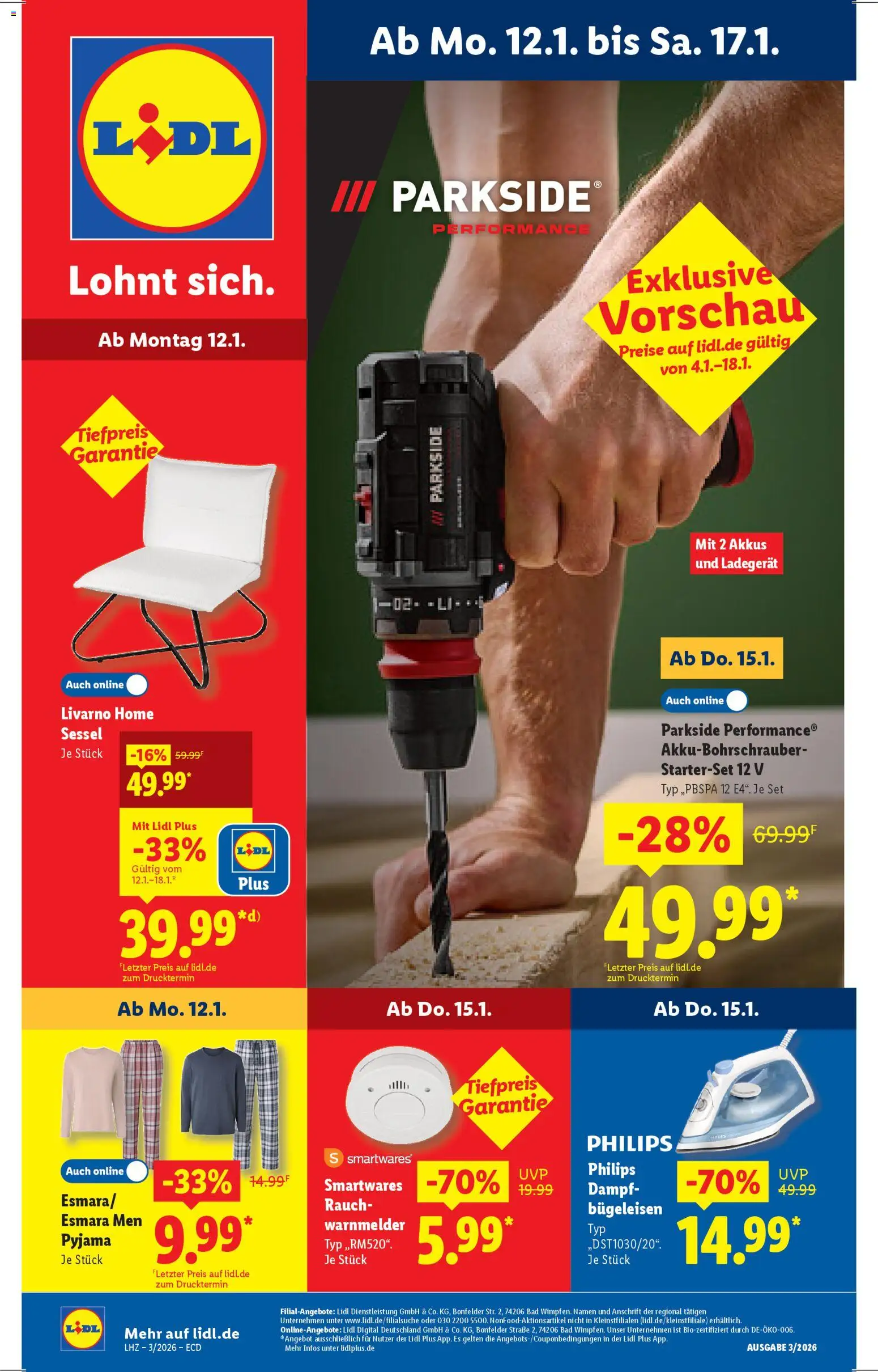 Lidl - Prospekt – gültig ab 12.01.2026 | Seite: 1 | Produkte: Philips, Bügeleisen, Sessel, Ladegerät