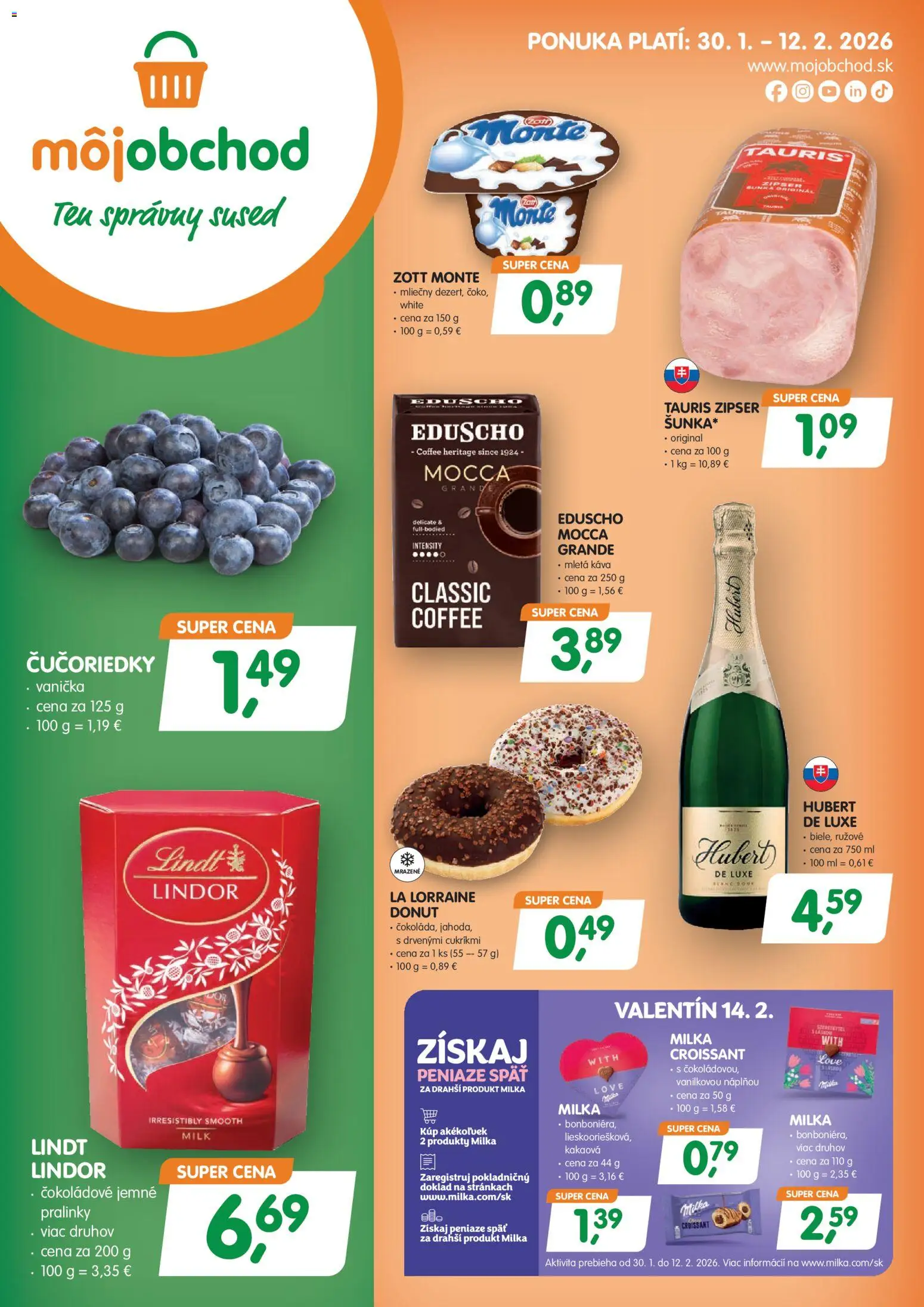 Nové Môj obchod akcie – leták je platný od 30.01.2026 | Strana: 1 | Produkty: Croissant, Lindor, Lindt, Čučoriedky