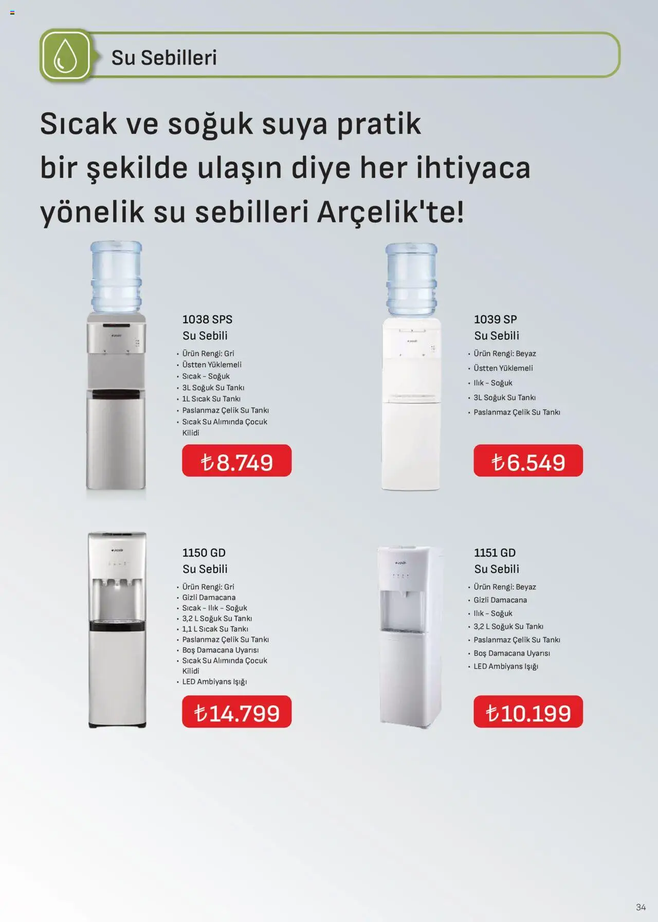 Arçelik İklimlendirme Kataloğu - 01.10.2025 tarihinden itibaren geçerlidir | Sayfa: 34 | Ürünler: Su, Su sebili