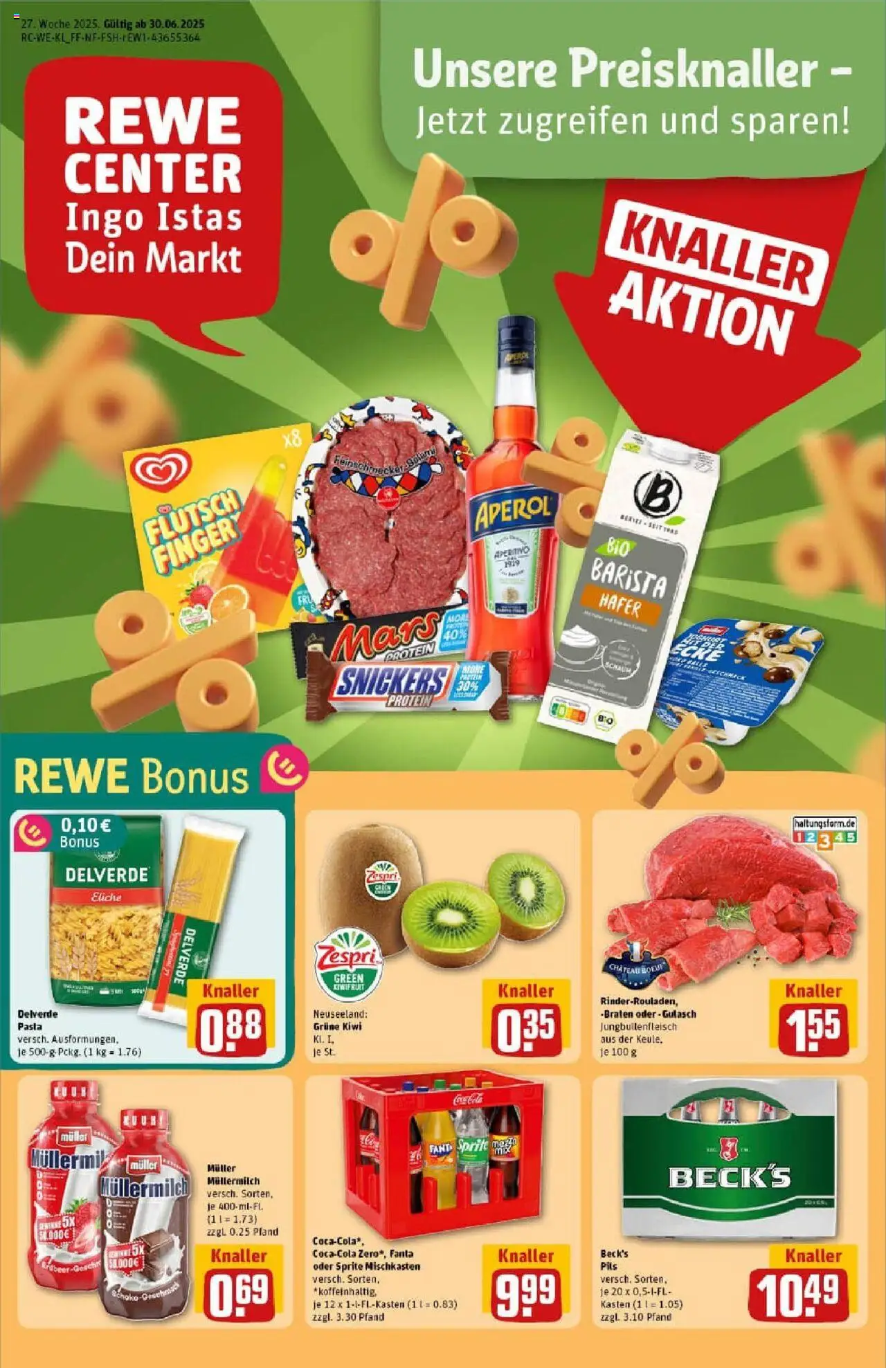 Rewe prospekt Köln / Rodenkirchen	 - gültig ab dem 29.06.2025 | Seite: 1 | Produkte: Snickers, Müllermilch, Aperol, Muller mullermilch