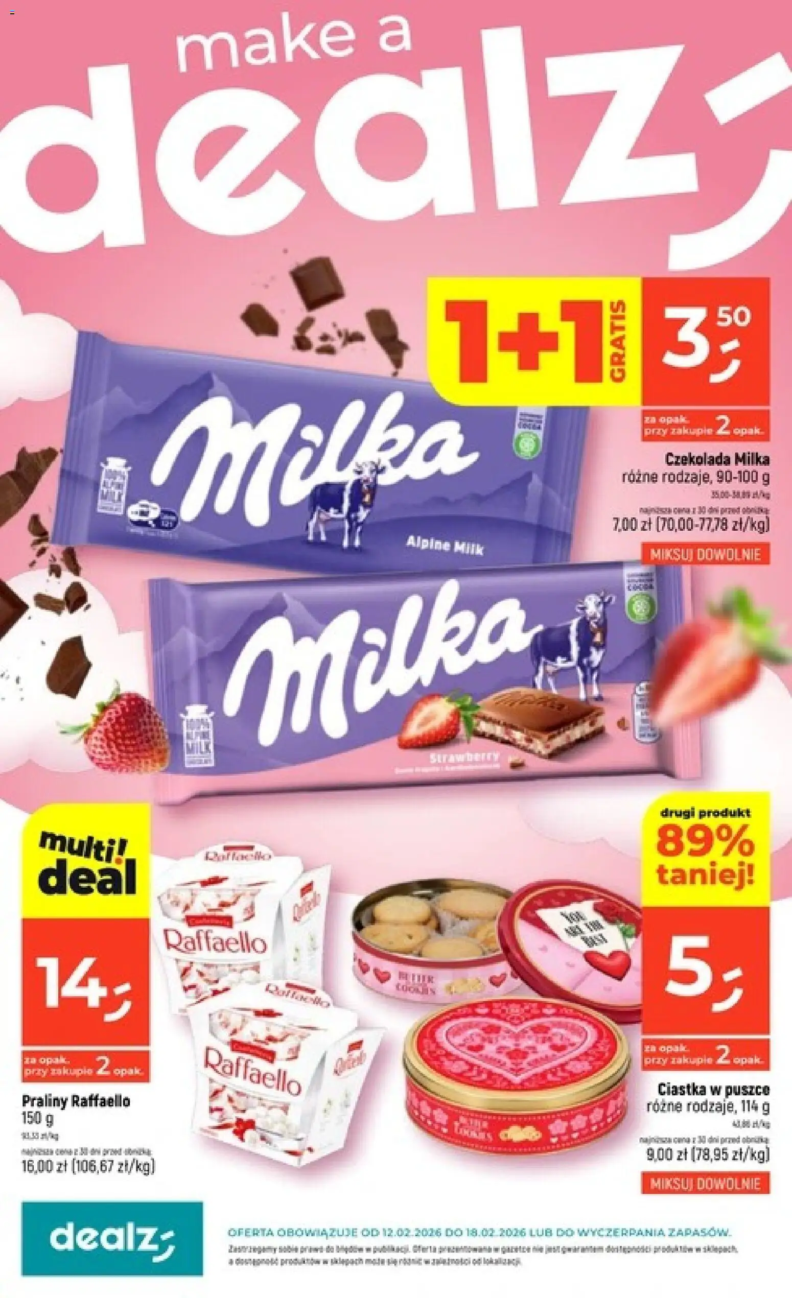 Dealz Gazetka od 12.02.2026 | Strona: 1 | Produkty: Praliny, Czekolada milka, Milka, Ciastka