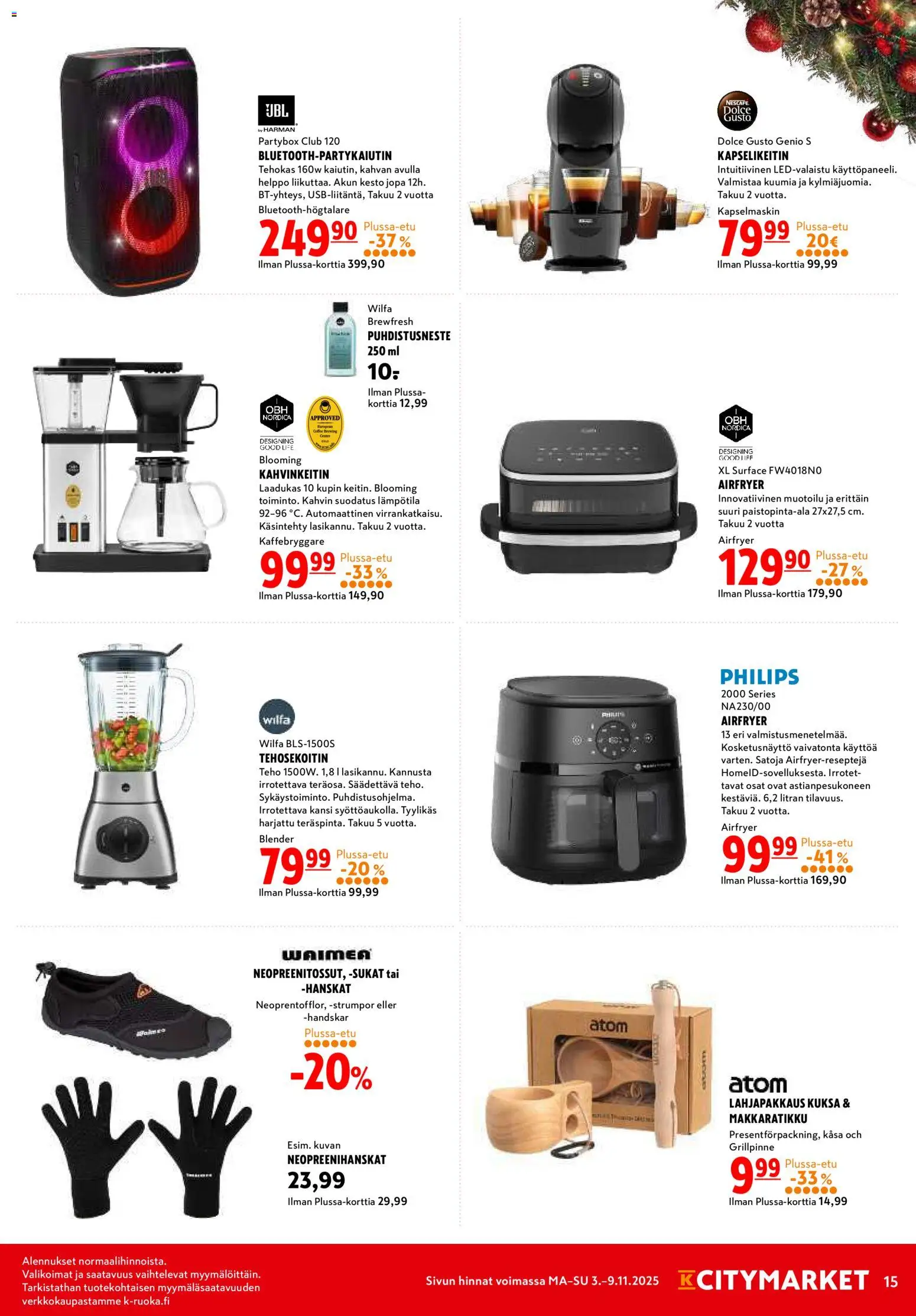 K-Citymarket tarjoukset – voimassa 03.11.2025 alkaen | Sivu: 15 | Tuotteet: Kahvinkeitin, Kansi, Tehosekoitin, Hanskat