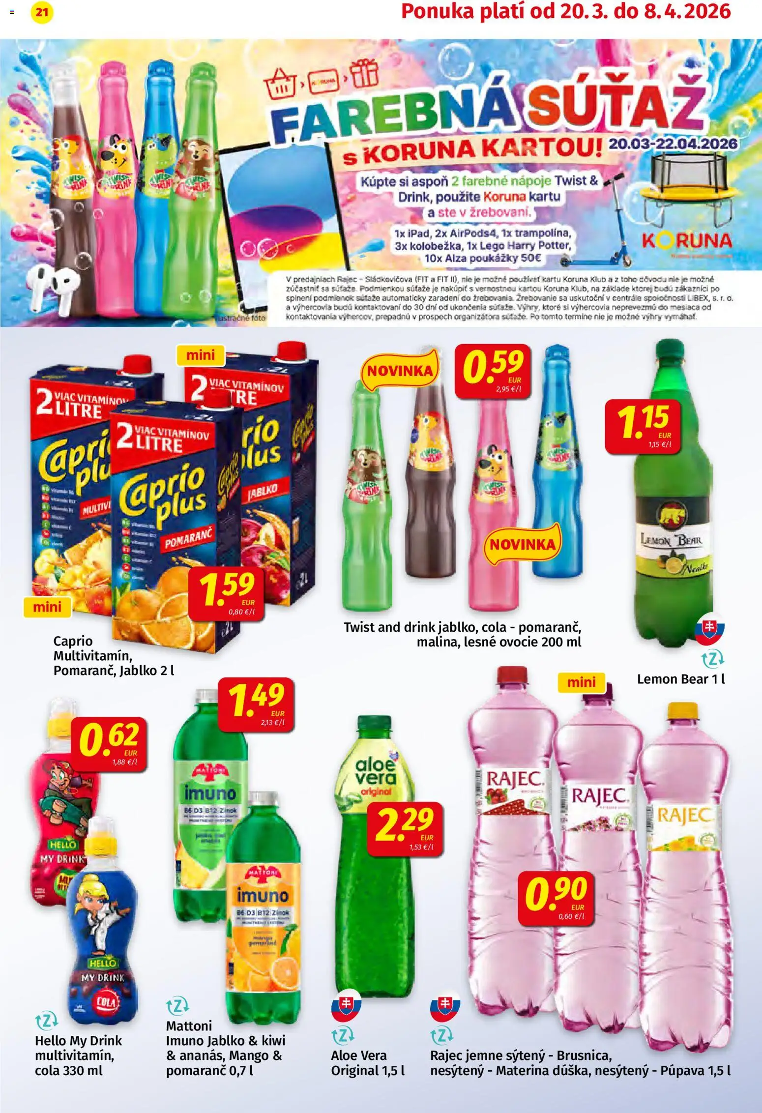 Nové Koruna akcie – leták je platný od 20.03.2026 | Strana: 21 | Produkty: Mattoni, Mango, Cola, Ovocie