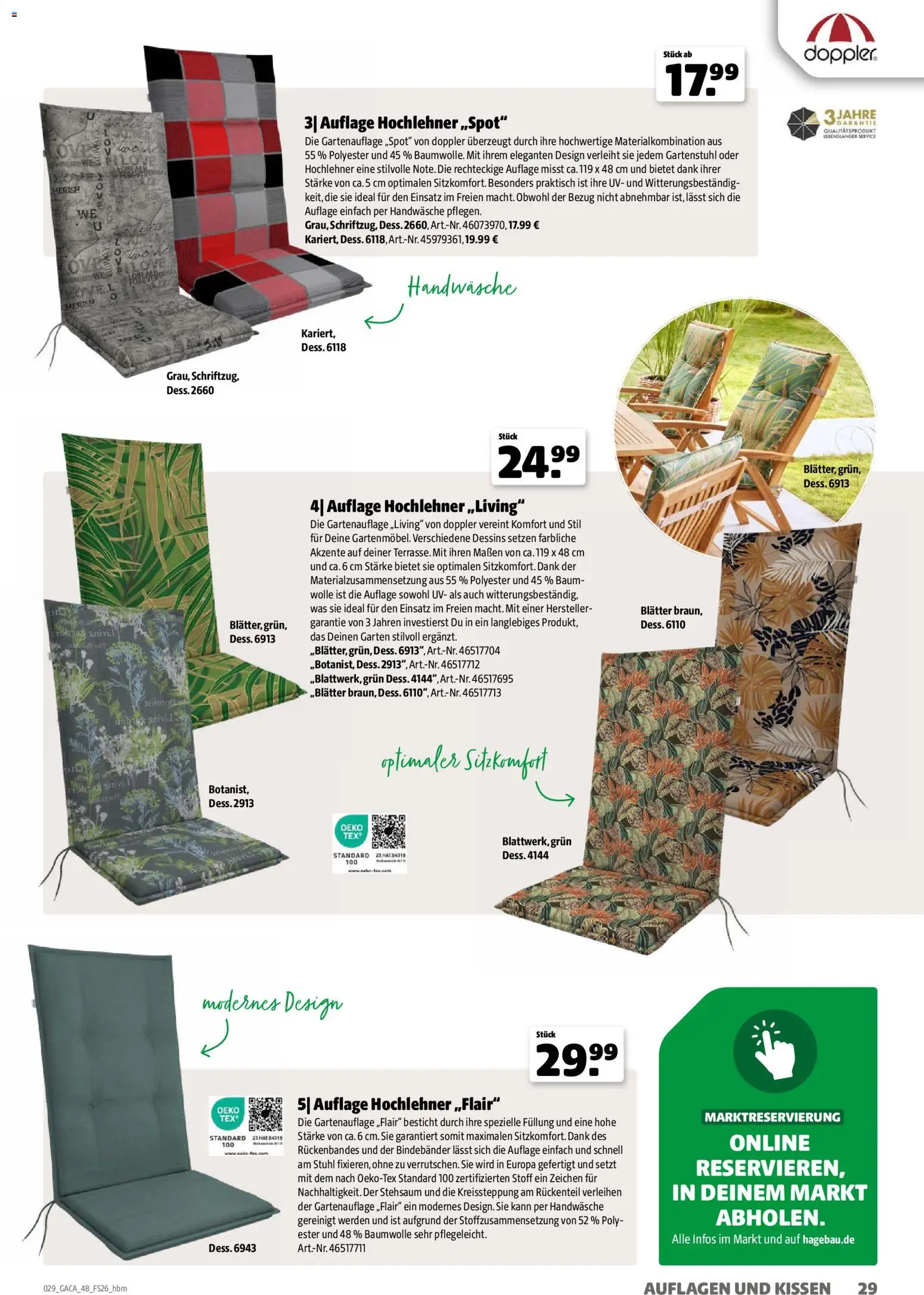 Hagebau Gartenmöbelsortiment – gültig ab 02.03.2026 | Seite: 29 | Produkte: Kissen, Stuhl