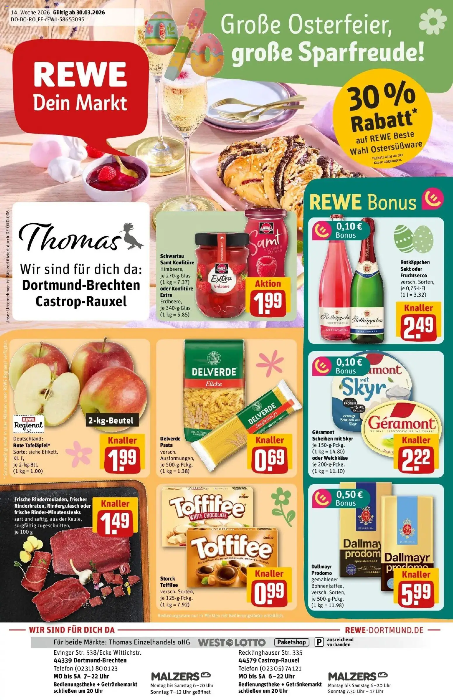 Rewe Prospekt Castrop-Rauxel	 – gültig ab 30.03.2026 | Seite: 1 | Produkte: Rindergulasch, Schwartau samt, Skyr, Dallmayr