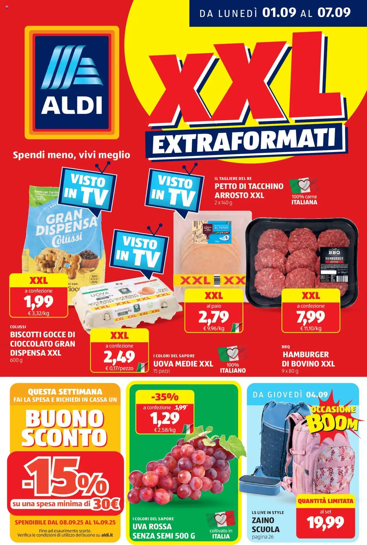 Volantino Aldi del 01.09.2025 | Pagina: 1 | Prodotti: Bovino, Uva, Forno, Hamburger