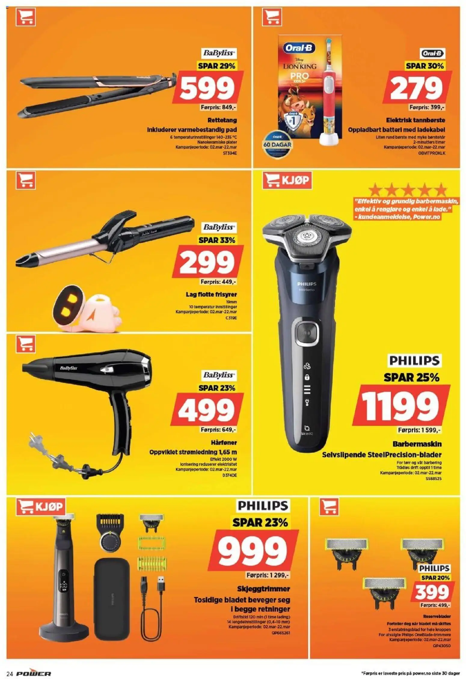 {H1} | Side: 24 | Produkter: Hårføner, Rettetang, Elektrisk tannbørste, Batteri