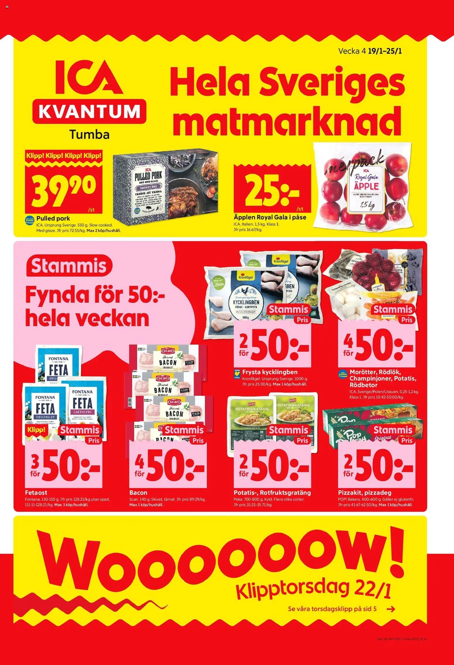 ICA Kvantum reklamblad aktuell från 19.01.2026 | Sida: 1 | Produkter: Bacon, Potatisgratäng, Champinjoner, Äpple