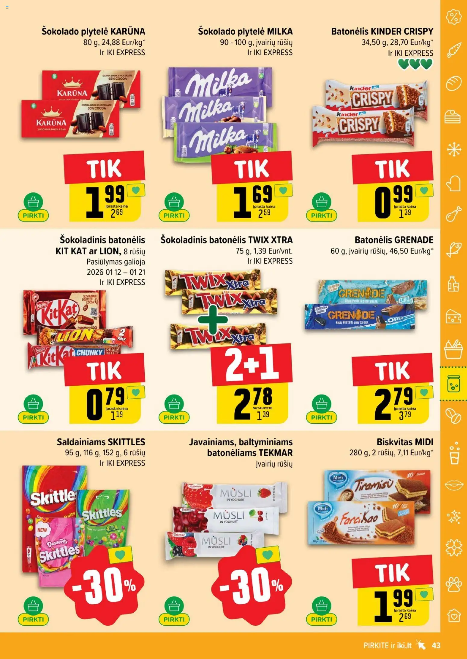 IKI akcijos nuo 12.01.2026 | Puslapis: 43 | Prekių: Šokoladas, Šokoladinis batonėlis