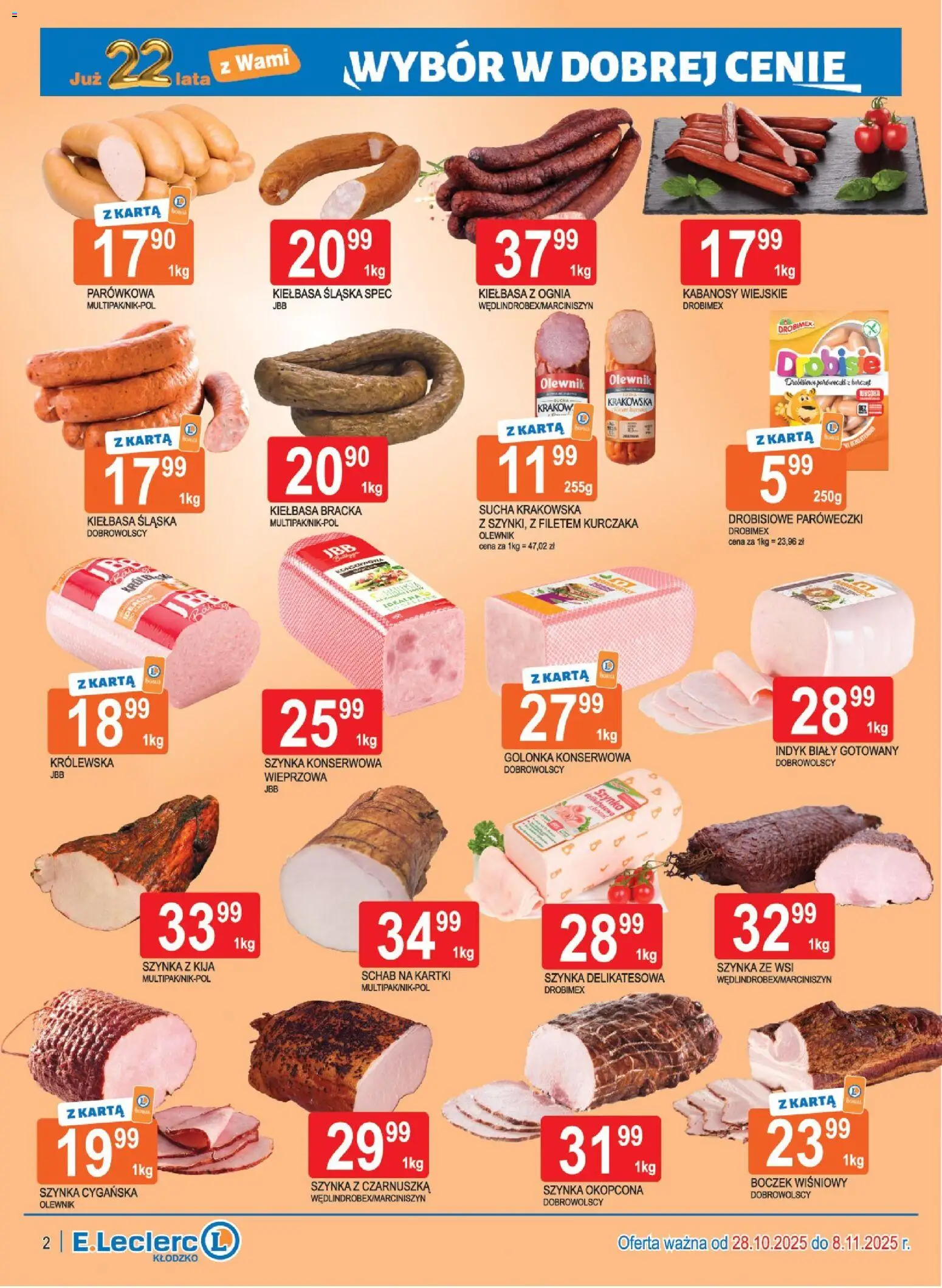 E.Leclerc Gazetka - Kłodzko od 28.10.2025 | Strona: 2 | Produkty: Kiełbasa, Karta, Schab, Kabanosy
