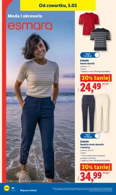 Pogląd oferty "ESMARA Spodnie slacks damskie z bawełną, rozmiary: 38-46**, 3 wzory, ** Nie wszystkie wzory dostępne w każdym rozmiarze, * najniższa cena z 30 dni przed obniżką" - ważna od 29.04.2026 | Strona: 46 | Produkty: Sweter, Spodnie