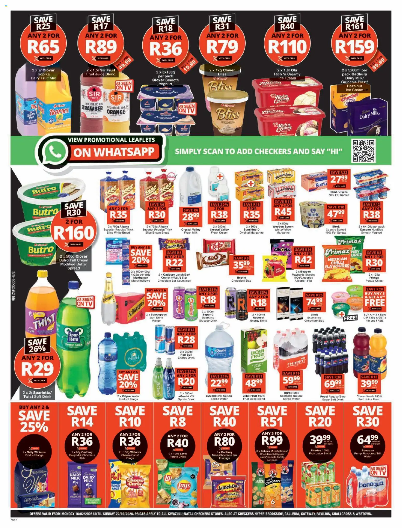 New Checkers catalogue – valid from 16.02.2026 | Page: 4 | Products: Butter, Cream, Ice cream, Water