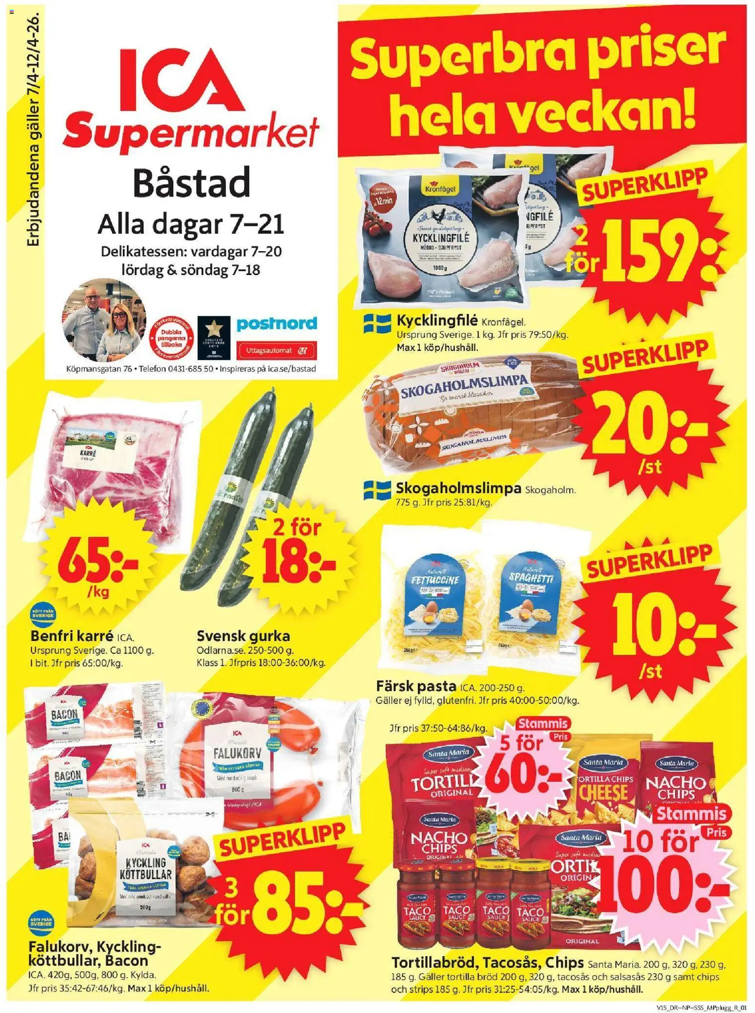 ICA Supermarket reklamblad aktuell från 06.04.2026 | Sida: 1 | Produkter: Tacosås, Bacon, Kycklingfile, Telefon