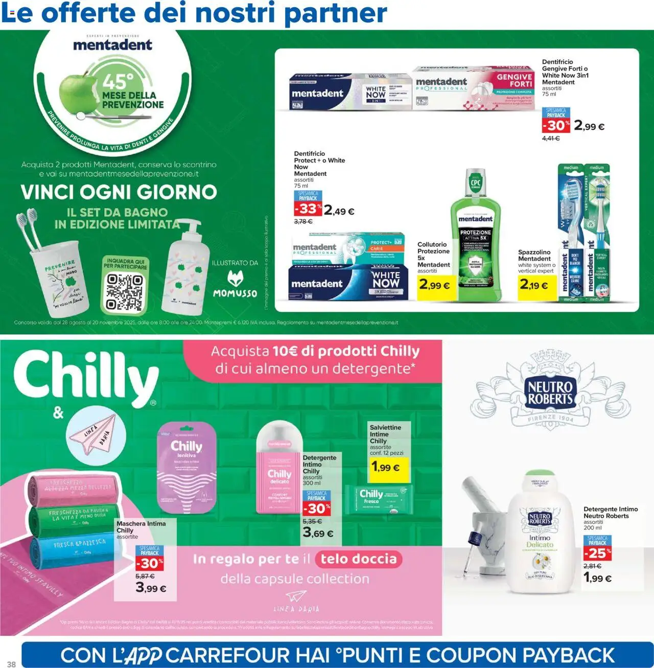 Volantino Carrefour del 10.10.2025 | Pagina: 38 | Prodotti: Dentifricio, Spazzolino, Detergente, Intimo