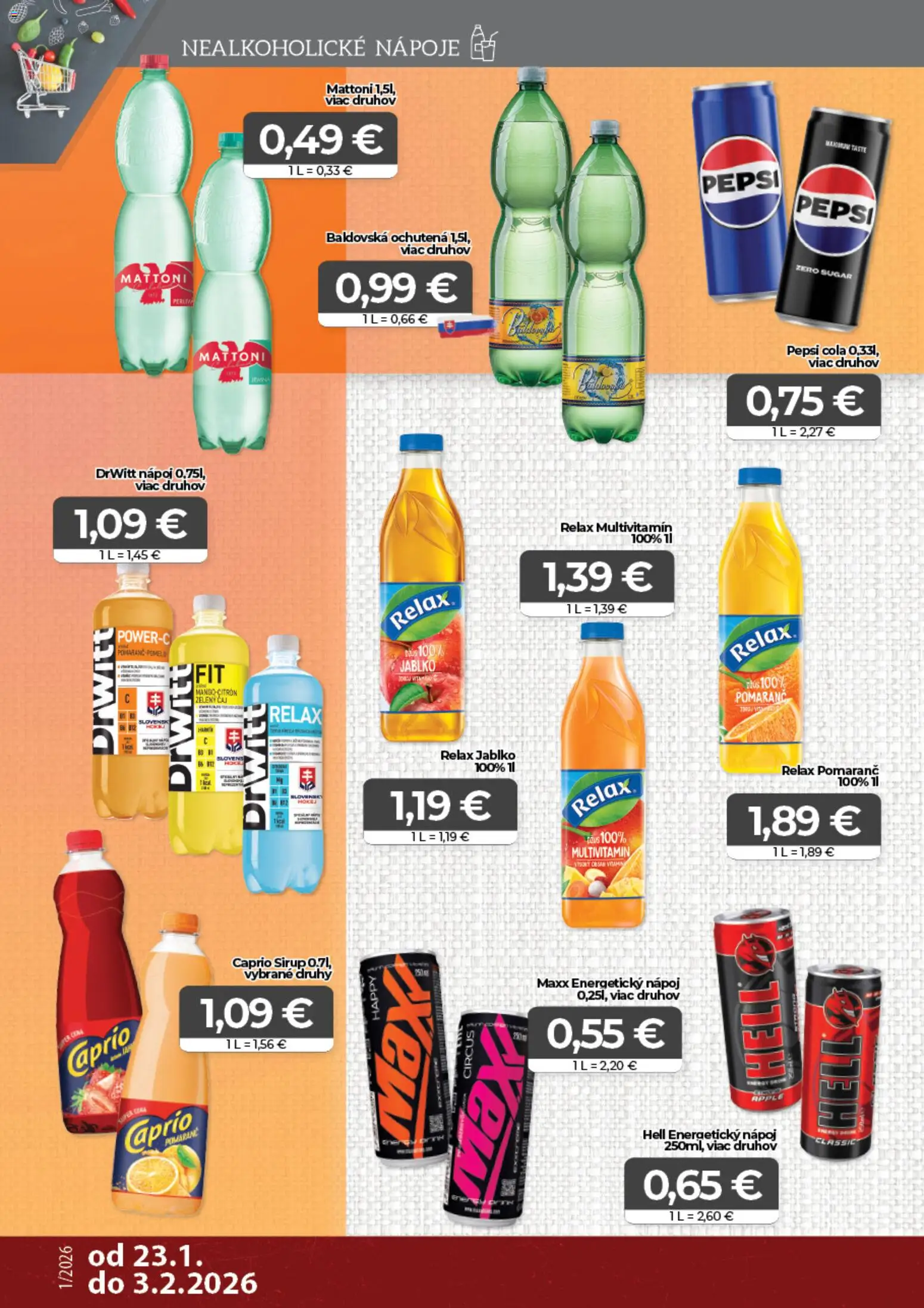 Nové CBA Komfos akcie – leták je platný od 23.01.2026 | Strana: 12 | Produkty: Mattoni, Pepsi, Cola, Baldovská