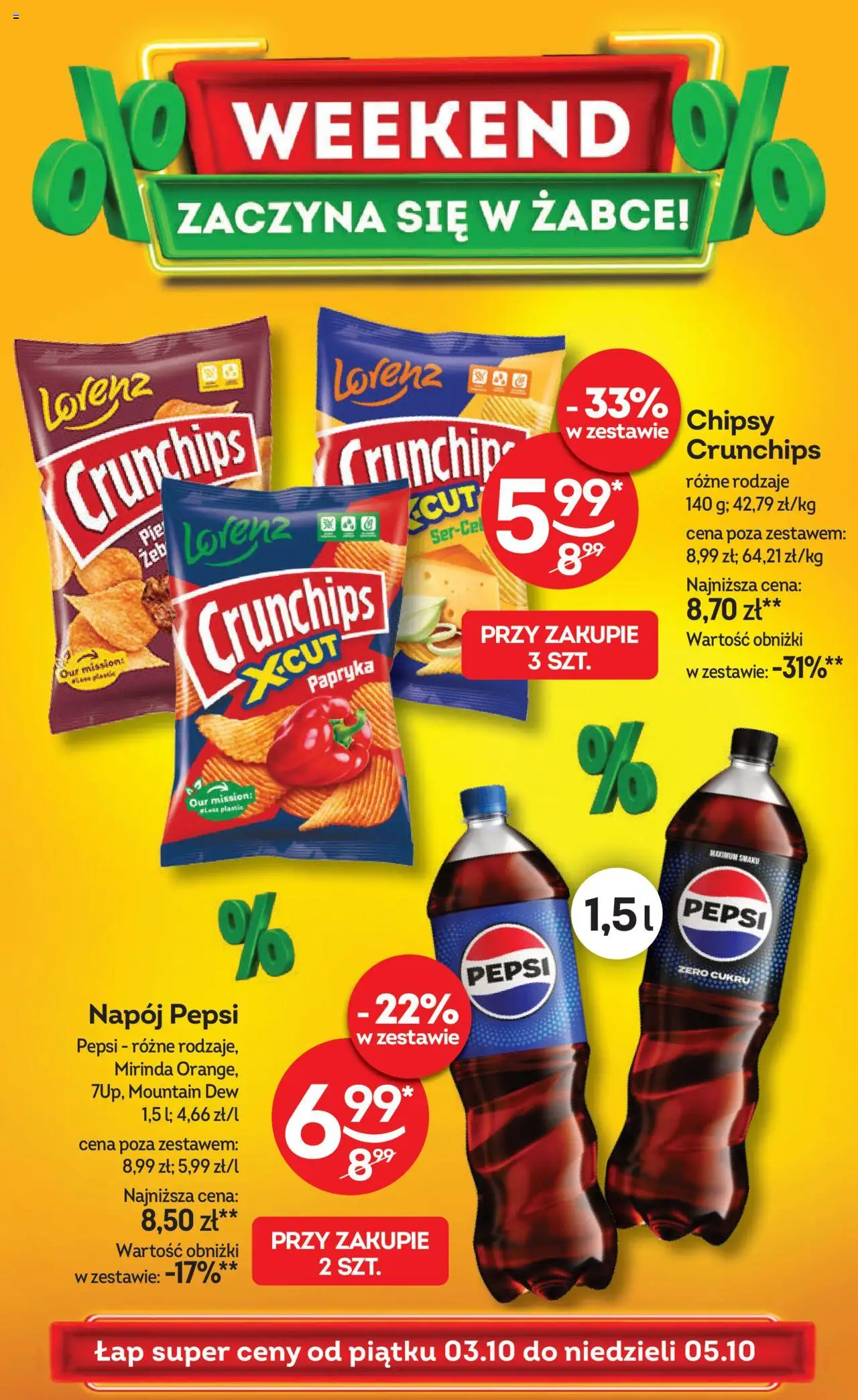 Żabka Gazetka - Weekendowe promocje od 03.10.2025 | Strona: 1 | Produkty: Chipsy, Pepsi, Papryka