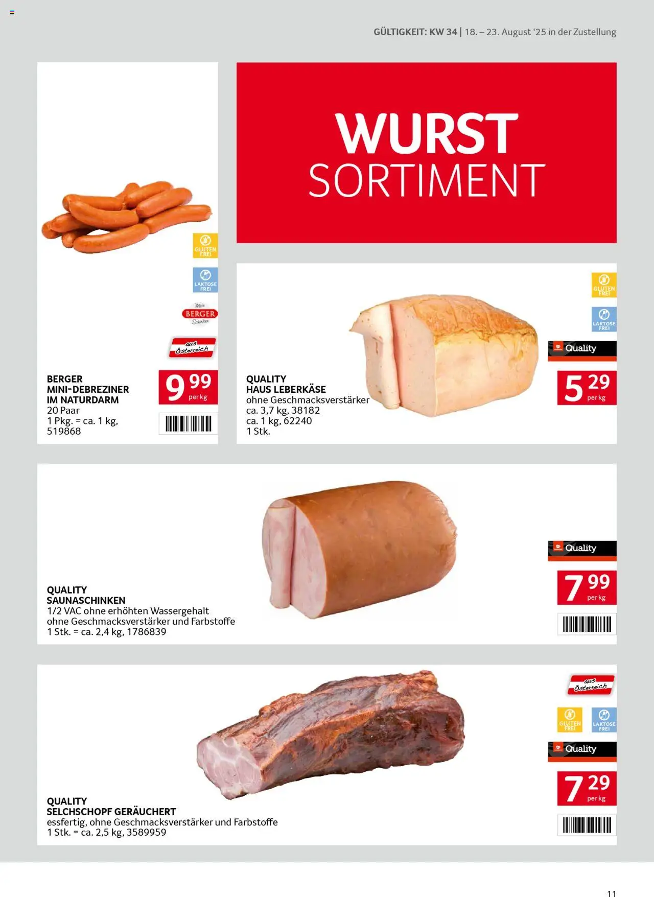 Transgourmet Zustellaktion gültig ab 17.08.2025 | Seite: 11 | Produkte: Wurst, Schinken