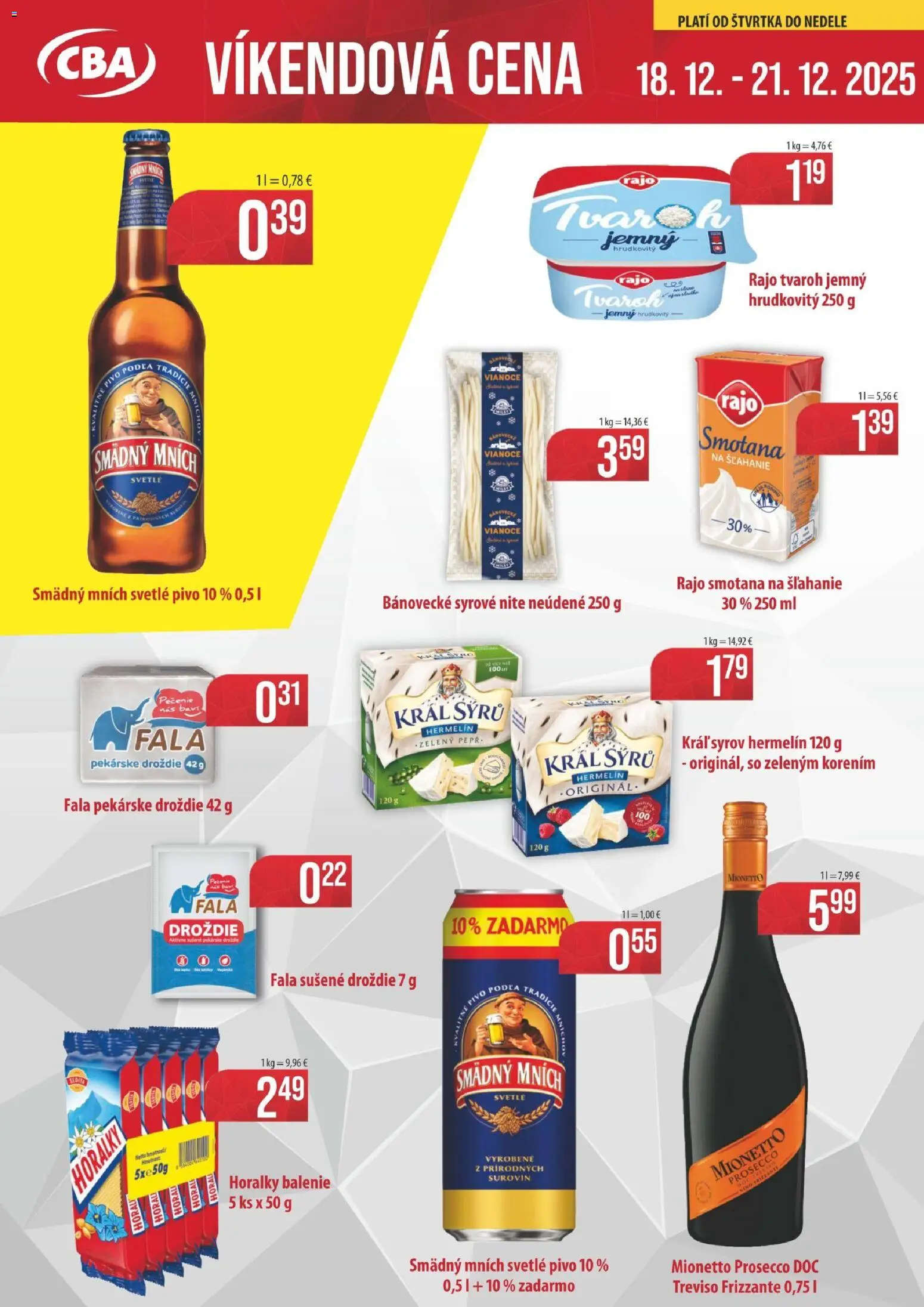 Nové KARMEN CBA akcie – leták je platný od 18.12.2025 | Strana: 1 | Produkty: Pivo, Prosecco, Smotana na šľahanie, Horálky