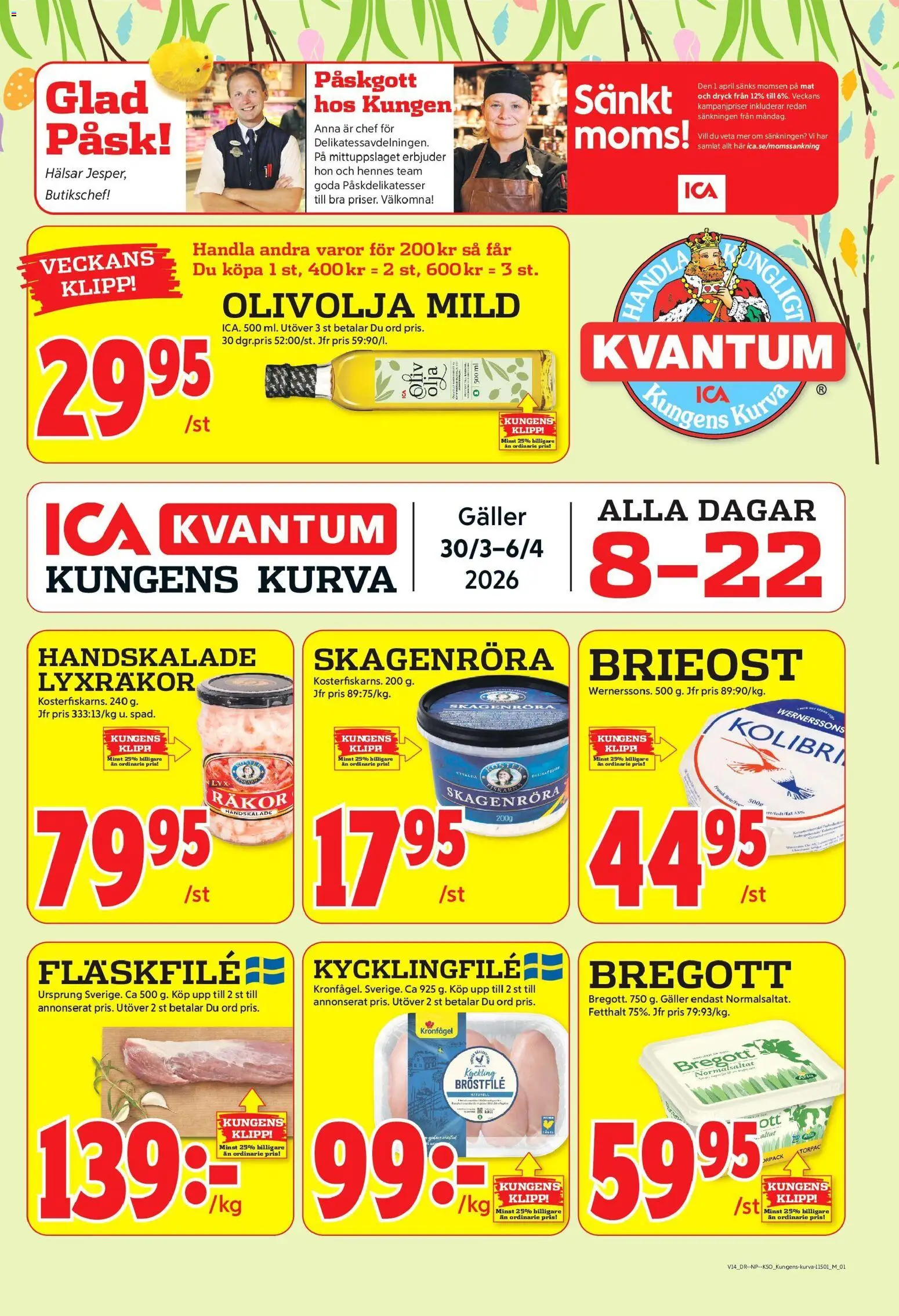 ICA Kvantum reklamblad aktuell från 30.03.2026 | Sida: 1 | Produkter: Kycklingfile, Bregott, Räkor, Olivolja