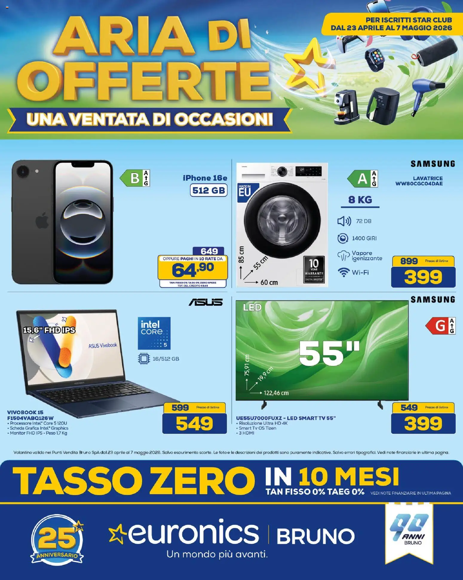 Volantino Euronics del 23.04.2026 | Pagina: 1 | Prodotti: Monitor, Iphone, Lavatrice, Samsung