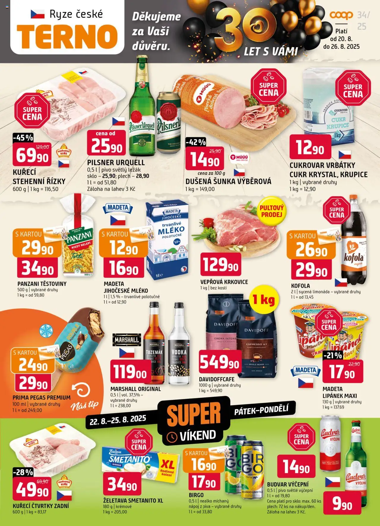 Terno leták - Český Krumlov, Jihlava, Prachatice, Strakonice, Tábor, Zlín od 20.08.2025 | Strana: 1 | Produkty: Budvar, Mléko, Krupice, Crema