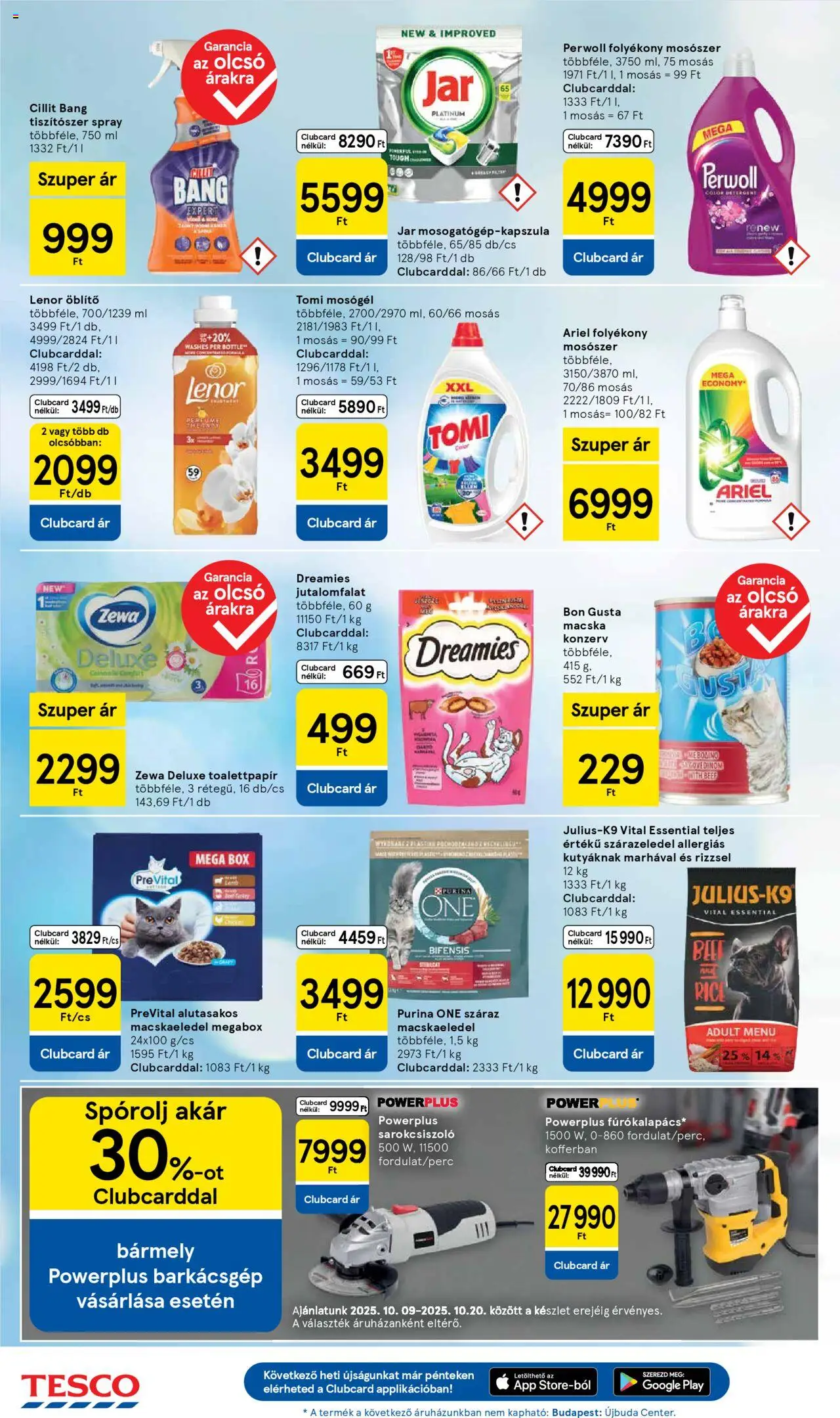Tesco akciós ujság - amely érvényes a következő dátumtól: 09.10.2025 | Oldal: 8 | Termékek: Macskaeledel, Sarokcsiszoló, Öblítő, Folyékony mosószer
