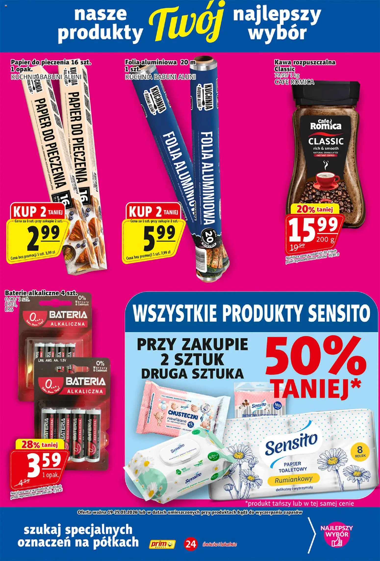 Prim Market gazetka od 19.03.2026 | Strona: 24 | Produkty: Kawa rozpuszczalna, Papier do pieczenia, Baterie, Bateria