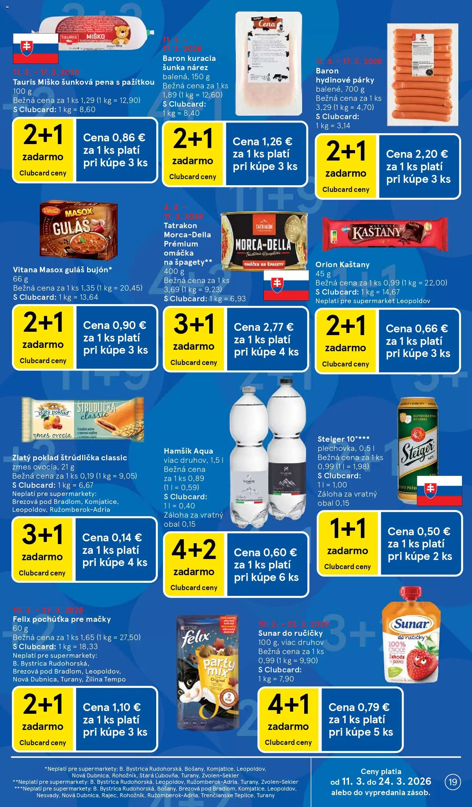 Nové Tesco akcie – leták je platný od 11.03.2026 | Strana: 19 | Produkty: Felix, Šunka, Steiger, Párky