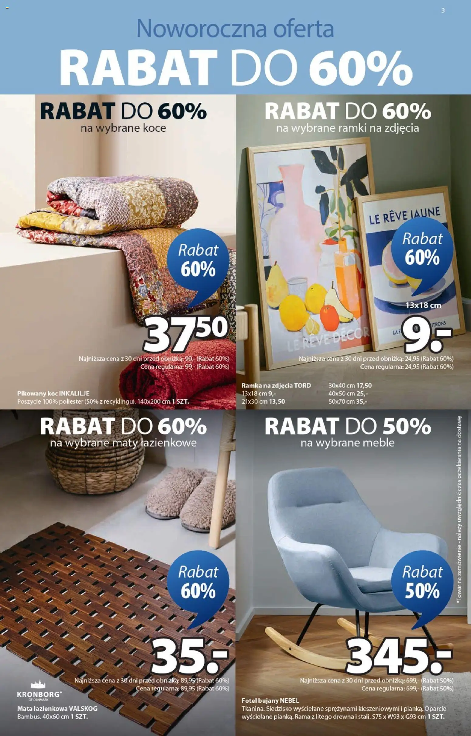 JYSK Gazetka od 31.12.2025 | Strona: 3 | Produkty: Koce, Koc, Fotel, Mata łazienkowa