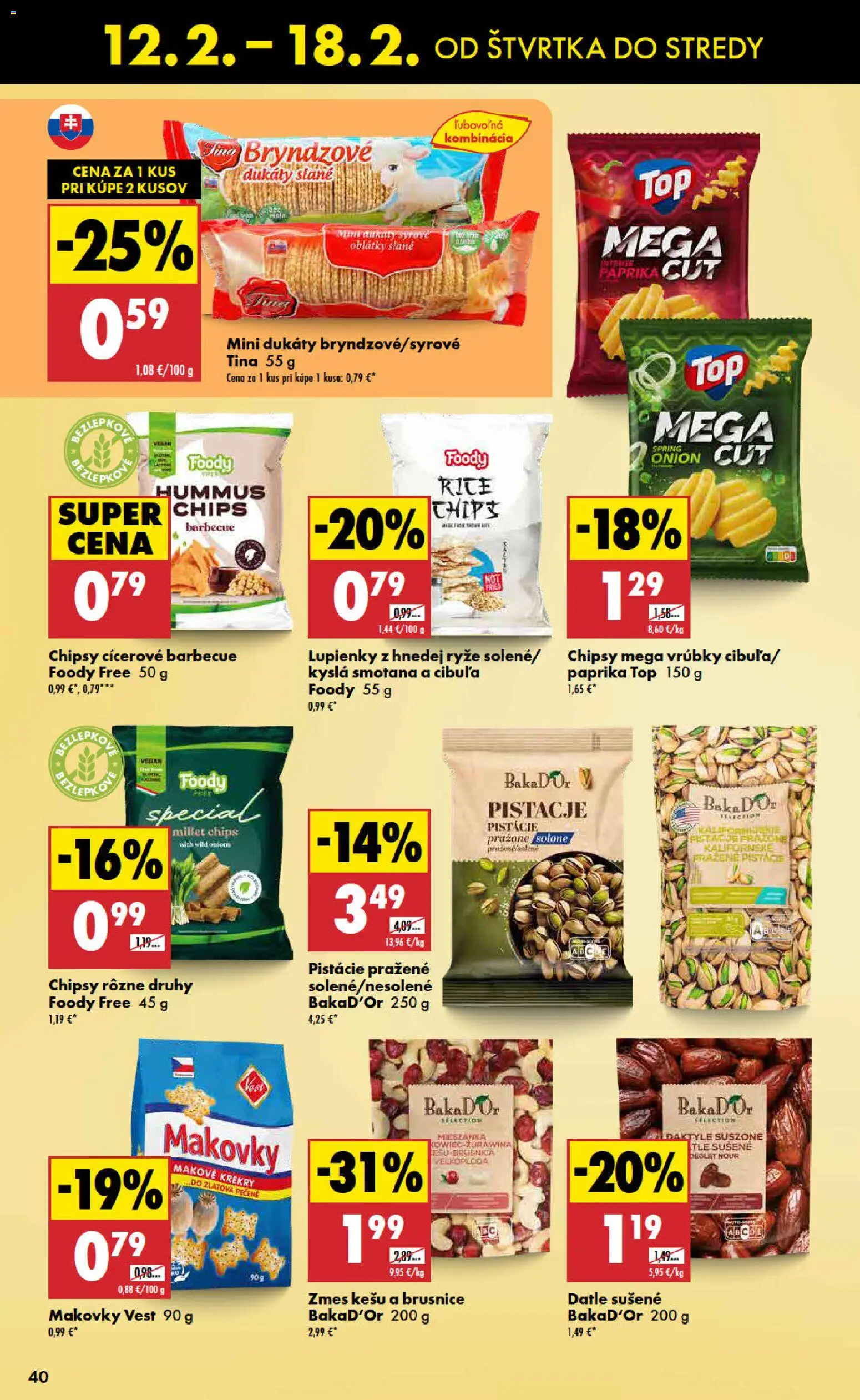 Nové Biedronka akcie – leták je platný od 12.02.2026 | Strana: 40 | Produkty: Smotana, Chipsy, Cibuľa, Pistácie