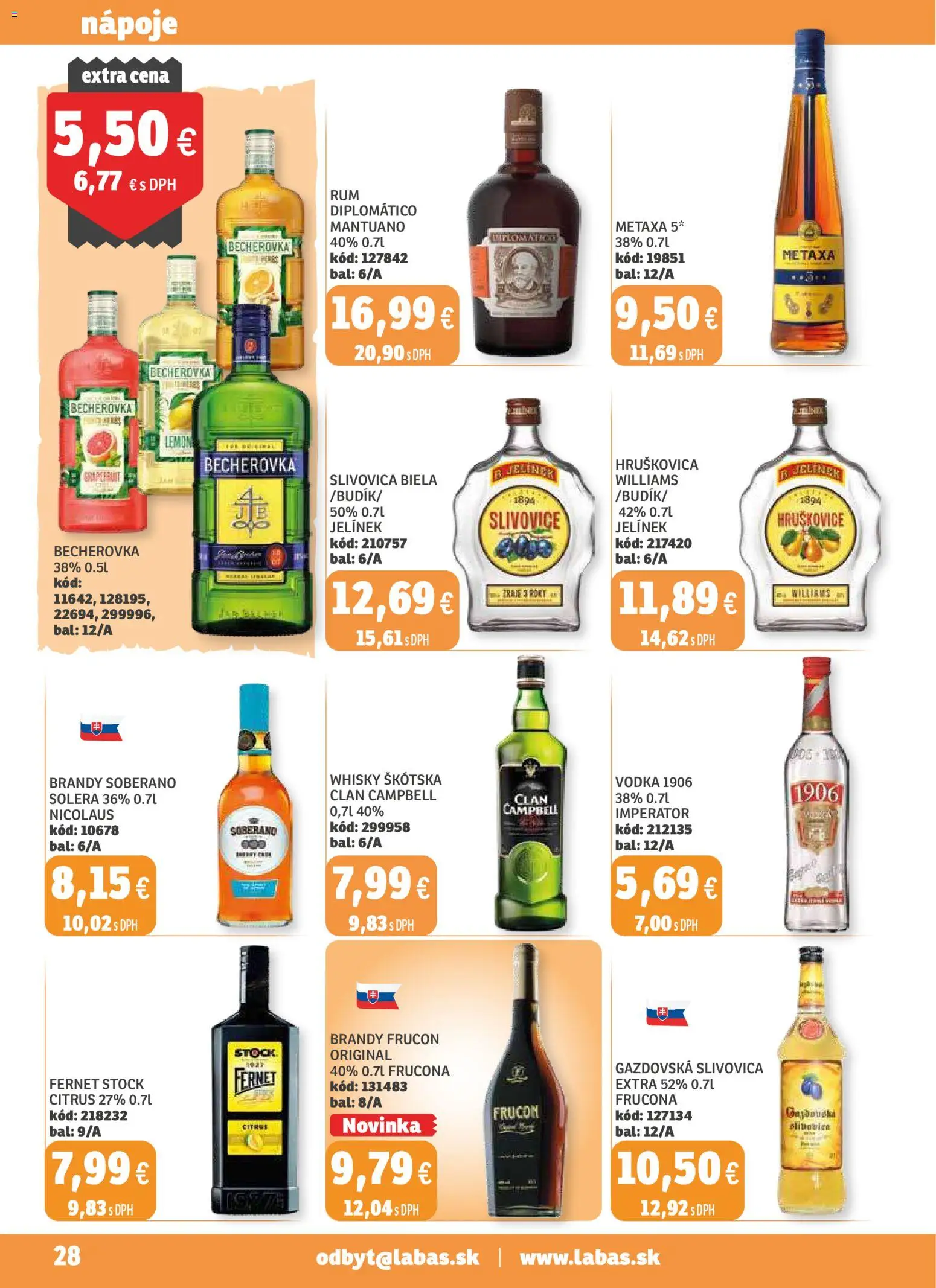 Nové Labaš akcie – leták je platný od 14.11.2025 | Strana: 28 | Produkty: Diplomatico, Metaxa, Soberano, Slivovica