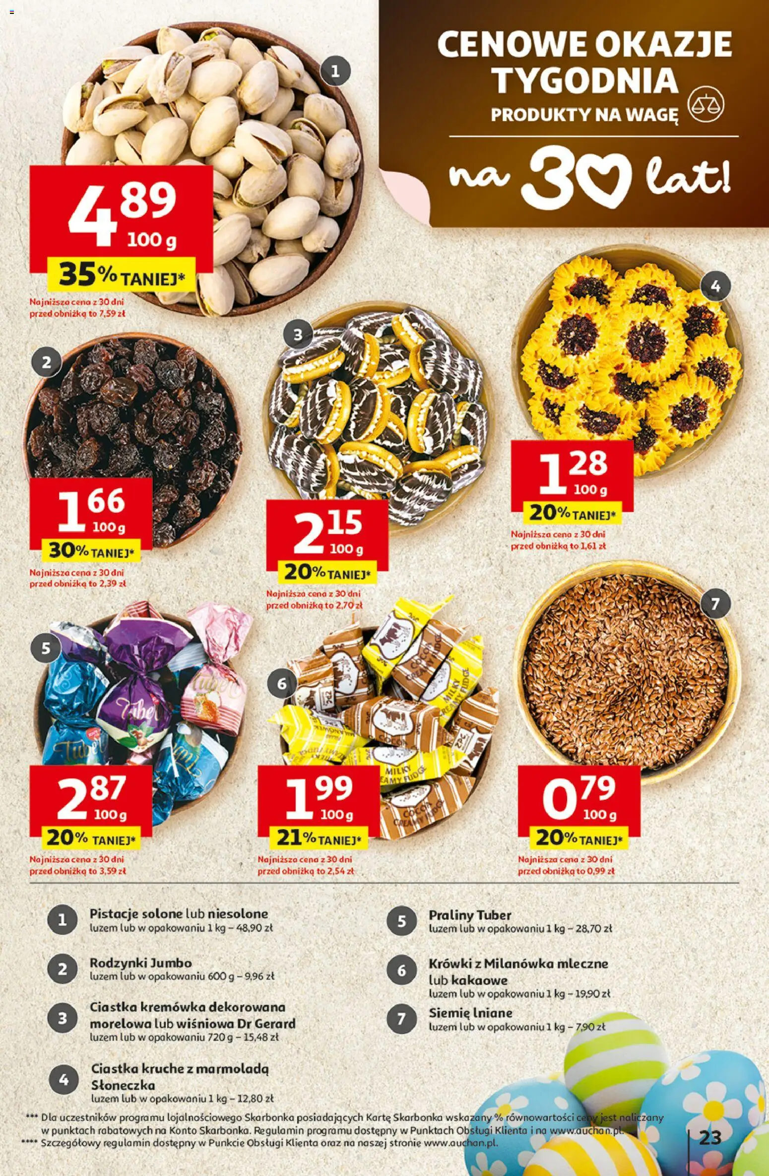 Auchan gazetka - 30 Lat Hipermarket od 26.03.2026 | Strona: 23 | Produkty: Ciastka kruche, Siemie lniane, Rodzynki, Krówki