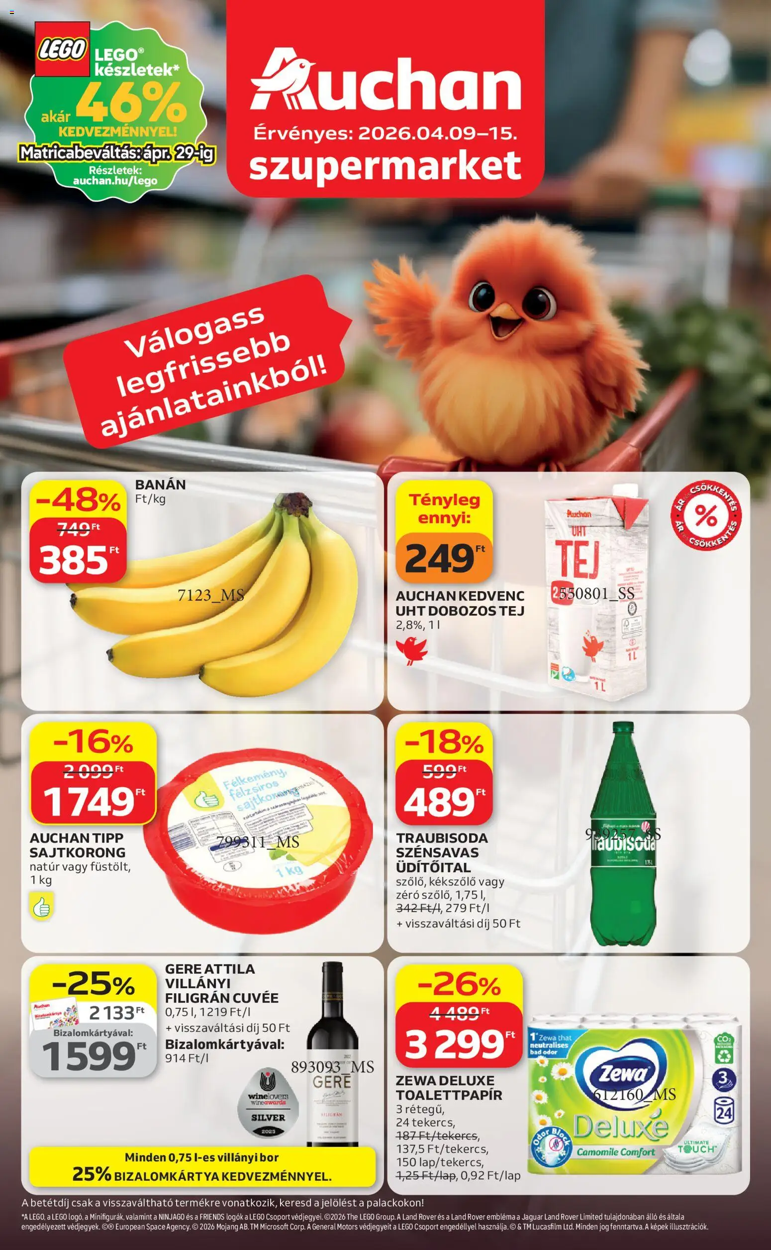 Auchan akciós ujság - amely érvényes a következő dátumtól: 09.04.2026 | Oldal: 1 | Termékek: Tej, Bor, Banán