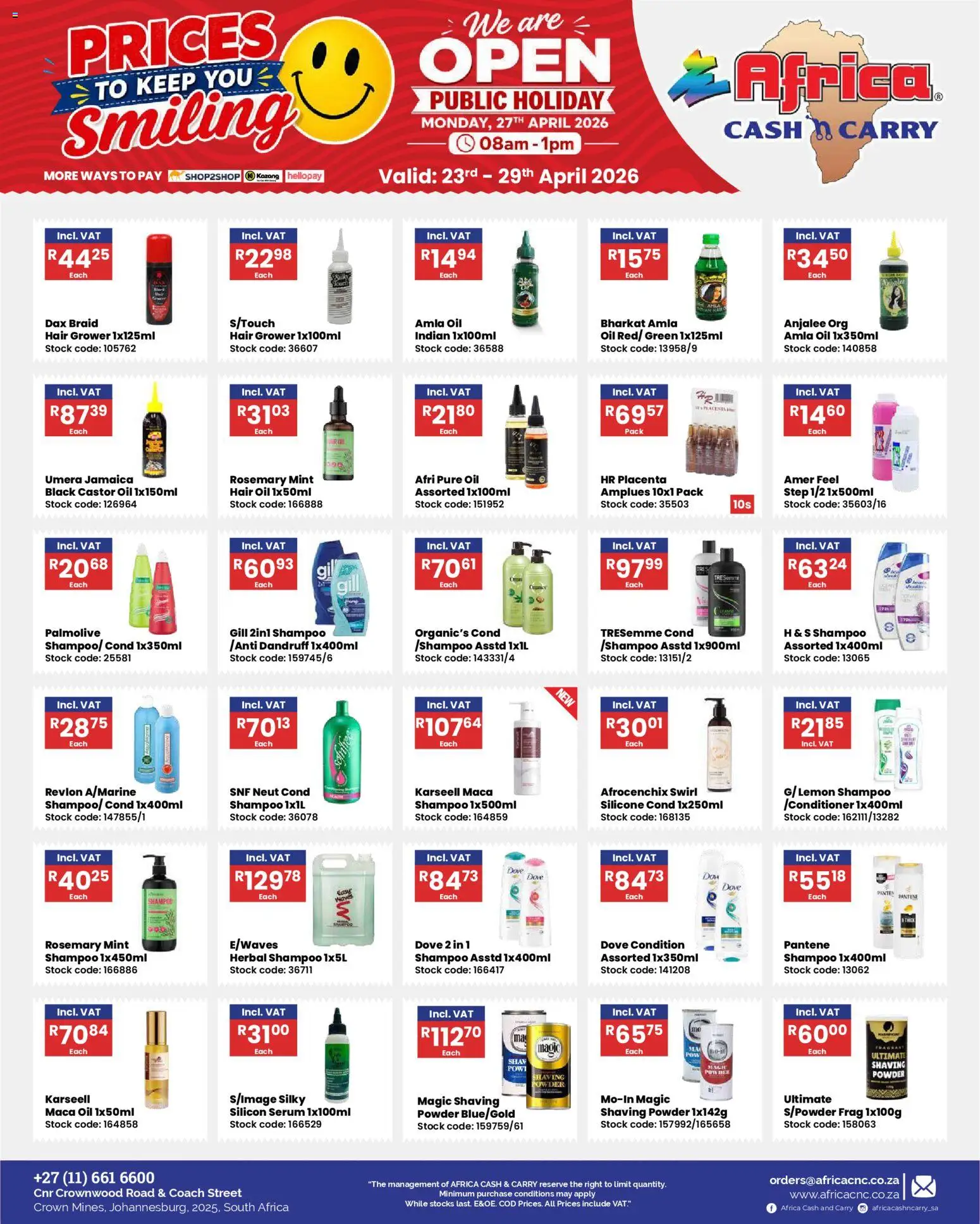 New Africa Cash & Carry catalogue – valid from 23.04.2026 | Page: 2 | Products: Serum, Oil, Shampoo, Hair oil