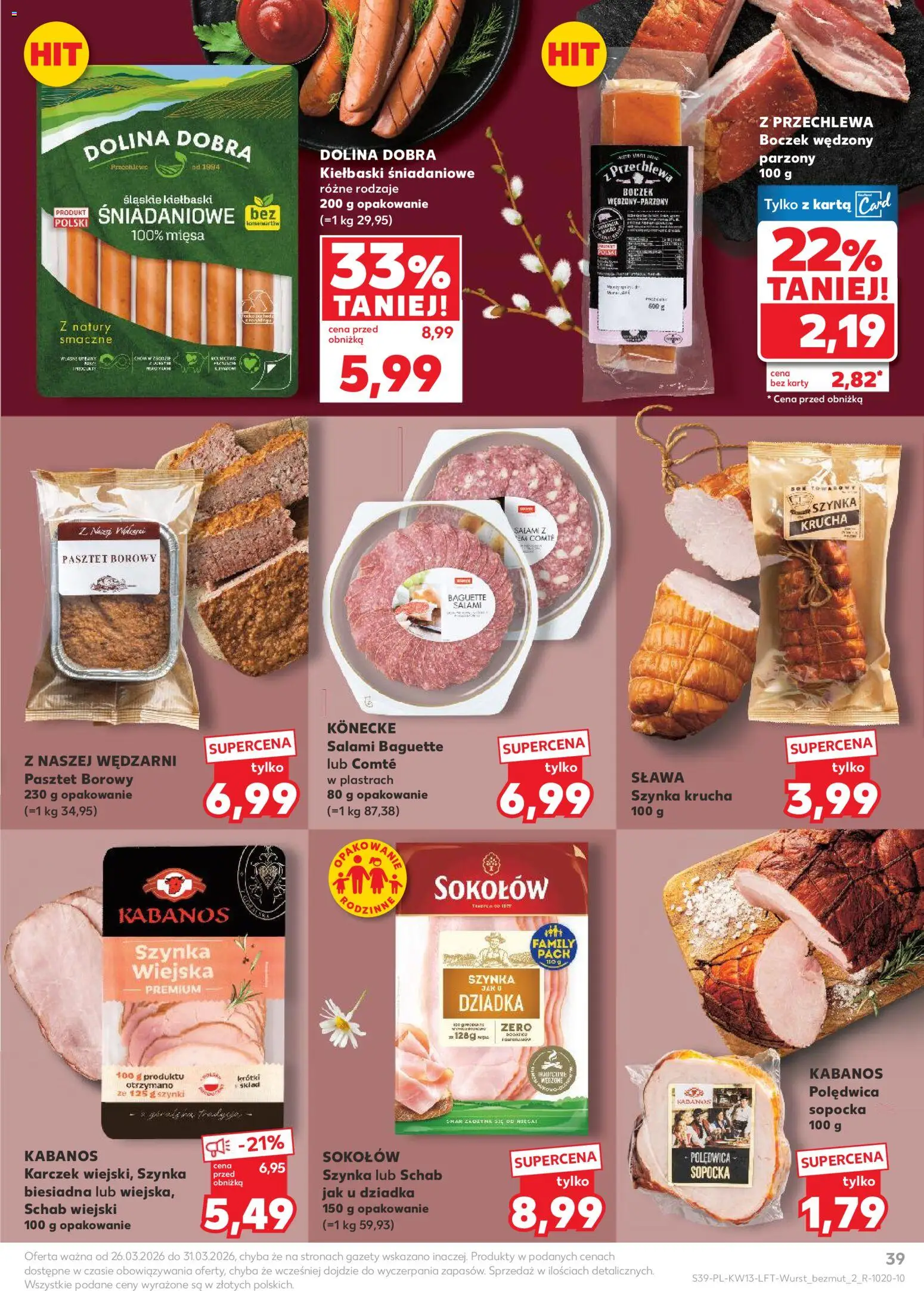 Kaufland gazetka od 26.03.2026 | Strona: 39 | Produkty: Schab, Kiełbaski, Boczek wędzony, Boczek