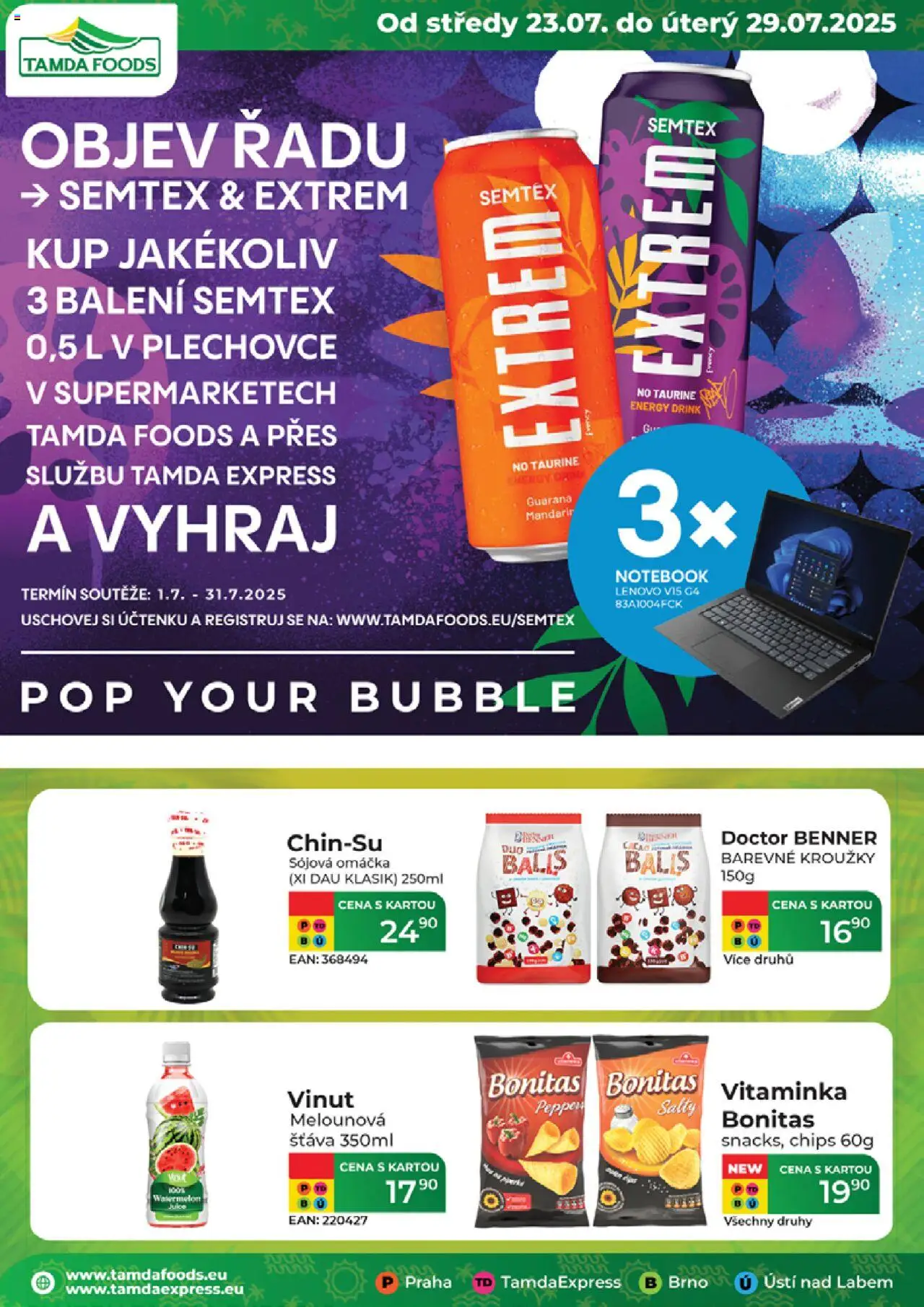 Tamda Foods leták od 23.07.2025 | Strana: 1 | Produkty: Notebook, Sójová omáčka, Semtex, Energy drink