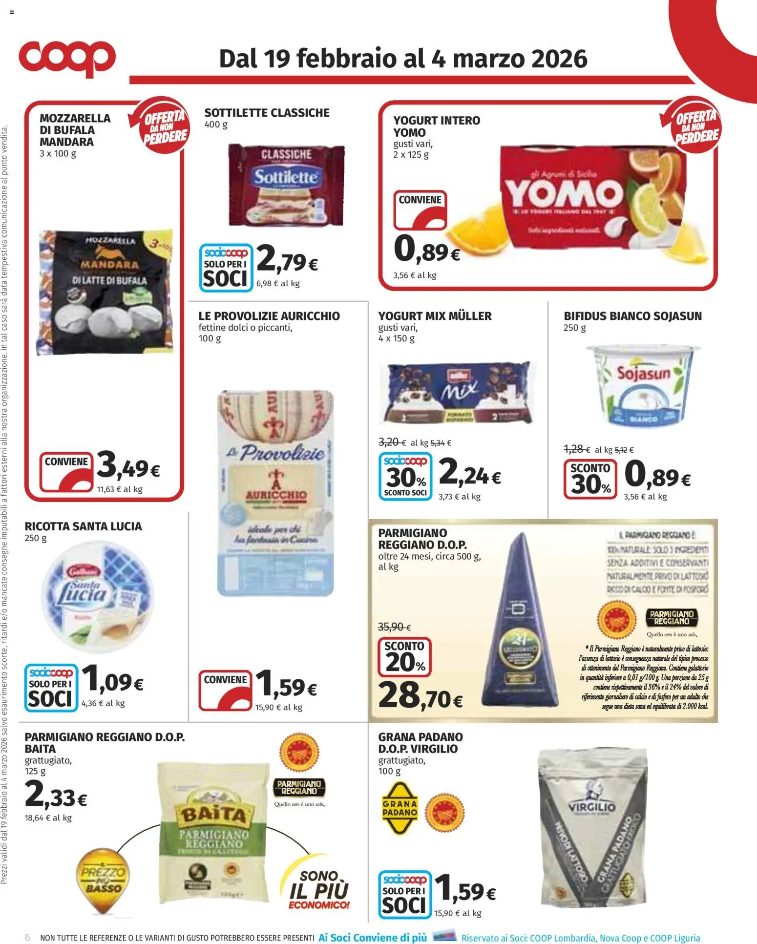 Volantino COOP del 19.02.2026 | Pagina: 6 | Prodotti: Latte, Data, Parmigiano reggiano, Parmigiano
